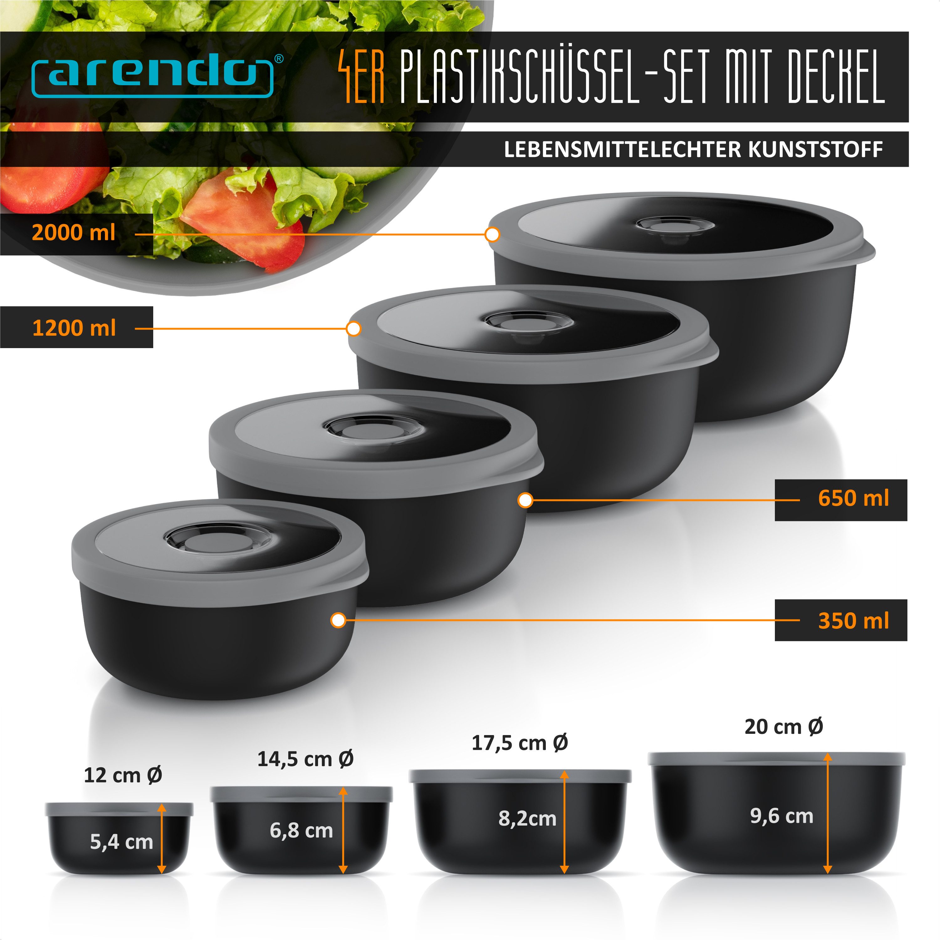 Arendo Rührschüssel 4er Plastikschüssel-Set mit Deckel 0,35 L / 0,65 L / 1,2 L / 2,0 L, Kunststoff, (Set, 4-tlg), rund, BPA-frei, Spülmaschinen und Mikrowellen geeignet