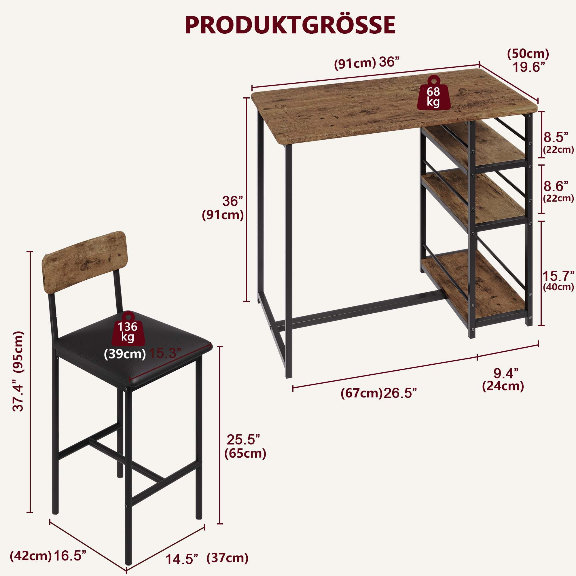 GarveeMore Essgruppe Ktichen Tisch mit 2 Stühlen für Küche & Esszimmer, Bartisch Esstisch mit 2 Gepolsterter Sitz und 3 Ablagen