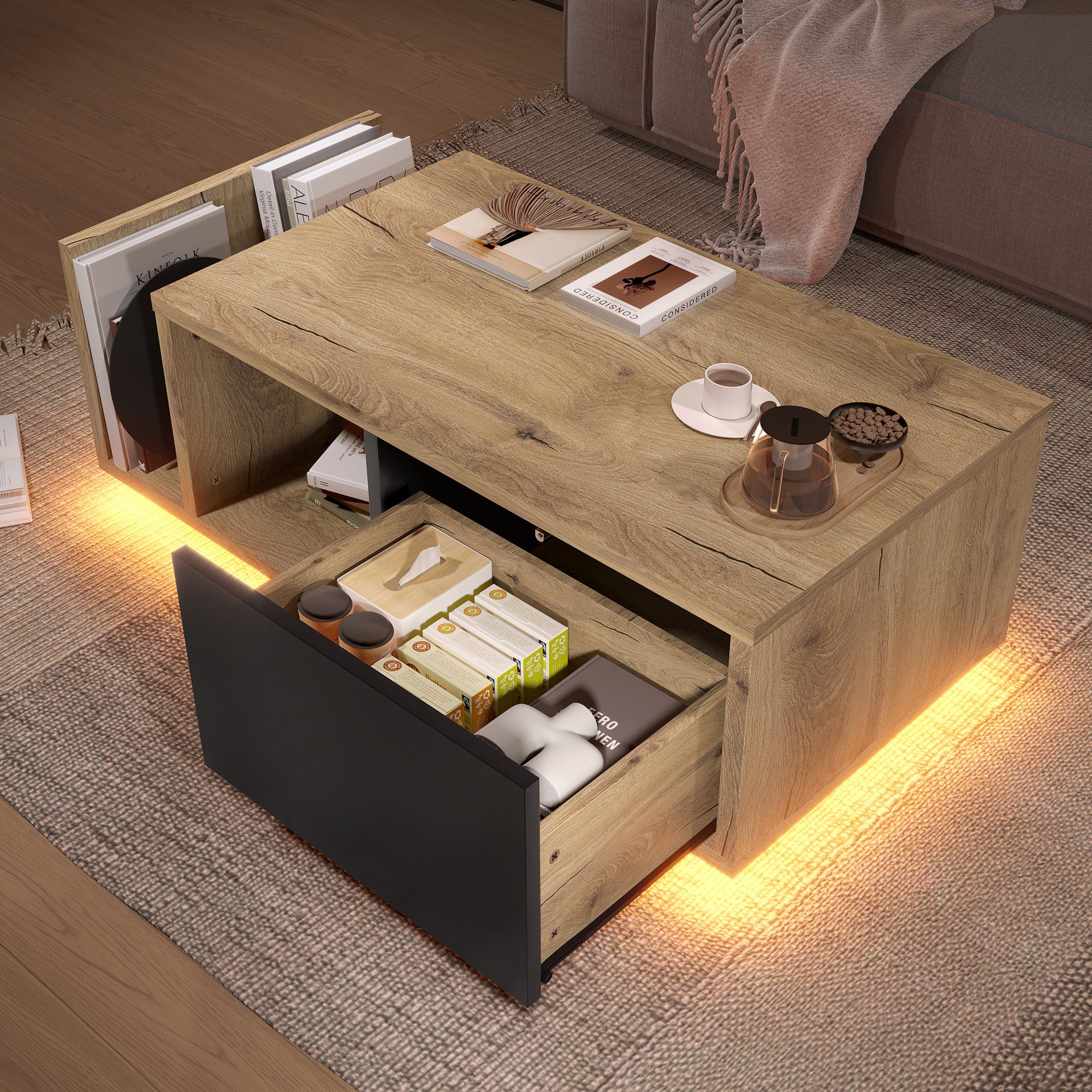 OKWISH Couchtisch Beistelltisch Sofatisch (dimmbare Lichtatmosphäre, als Raumteiler und Beistelltisch verwendbar), Multifunktionales Retro-Sideboard