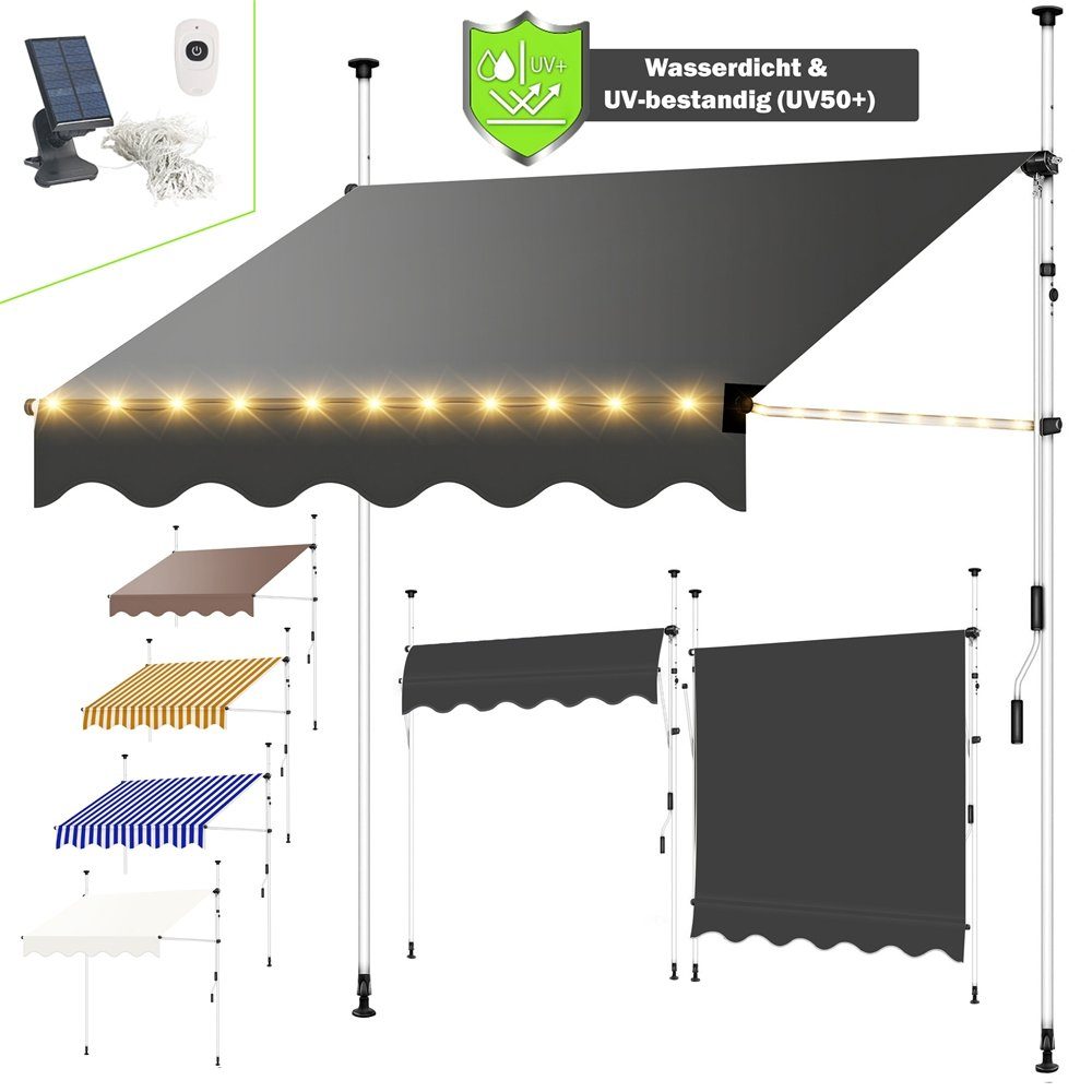 Melko Klemmmarkise Klemmmarkise mit LED Sonnenschutz Markise für Balkon Fenstermarkise (Stück) Gummierter Standfuß für besseren Halt