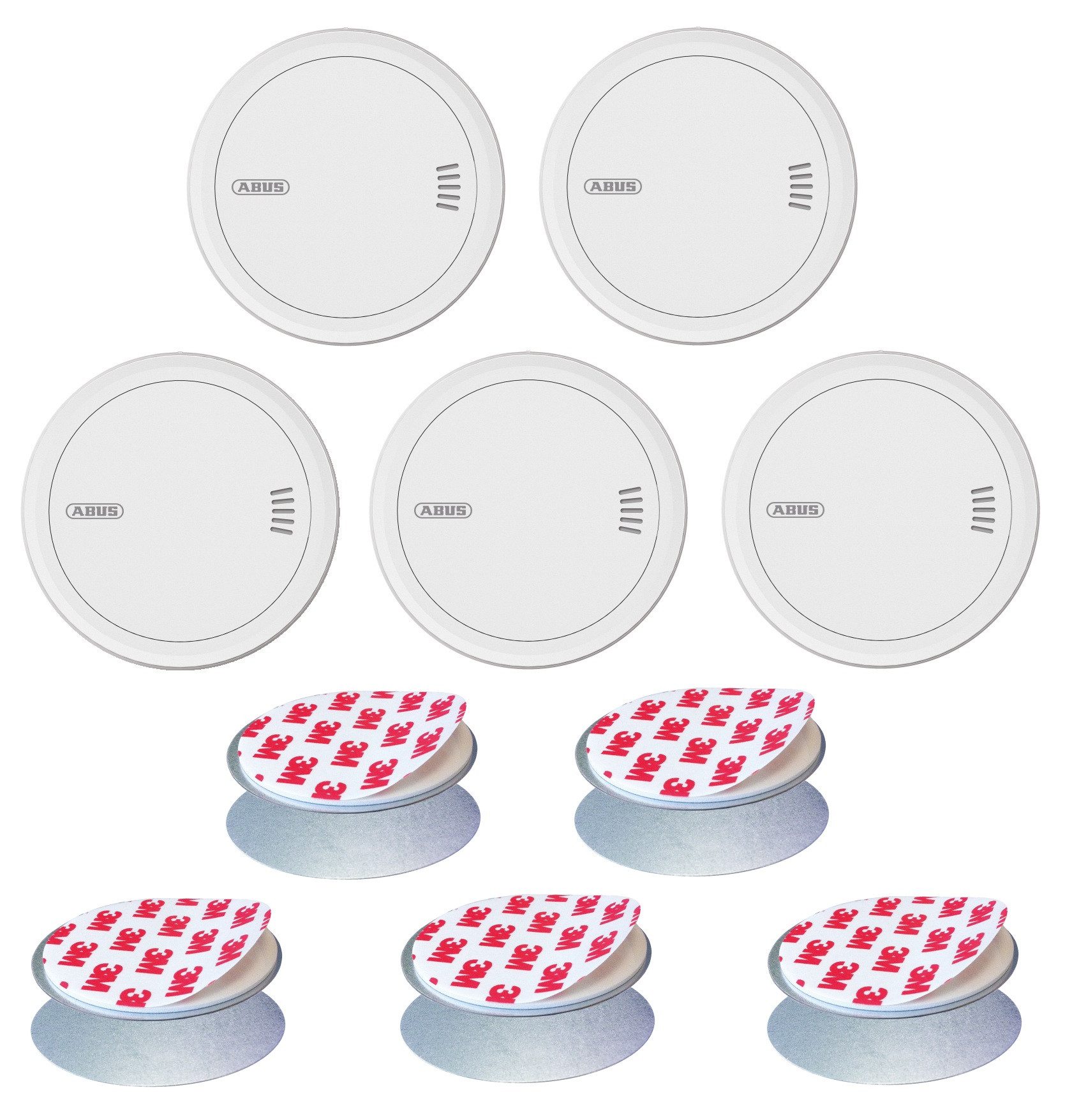 ABUS Rauchmelder PREFIRA 10 - mit 10-Jahres-Batterie - 5er Set + Magnetpads Rauchmelder (zertifizierter Rauchwarnmelder mit großer Prüftaste & Fehlalarm-Schutz)