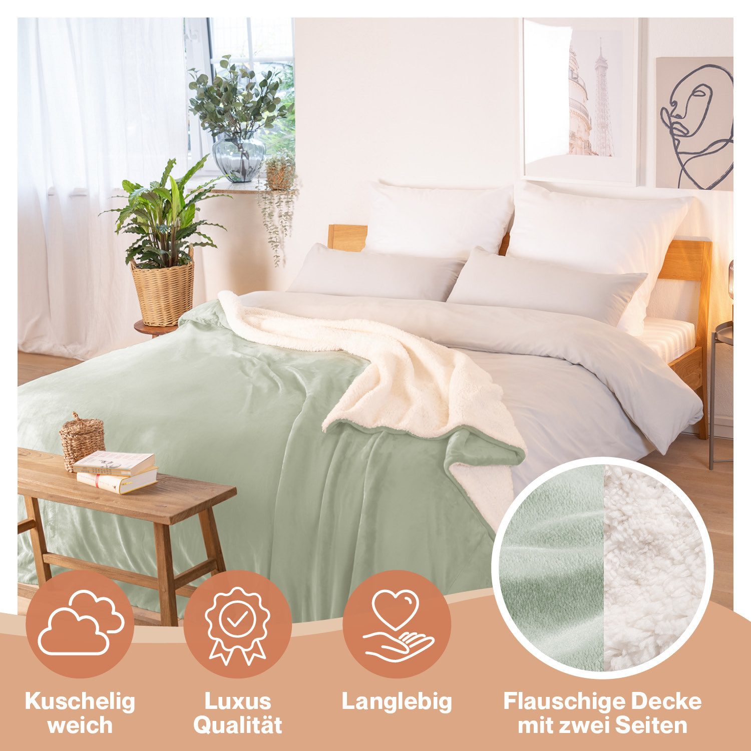 Wohndecke Premium Sherpa Kuscheldecke, Oeko-TEX Zertifiziert, Blumtal, Sofa Decke mit Dicker Sherpa-Innenseite, extra dick & wärmend – Bild 3 von 5