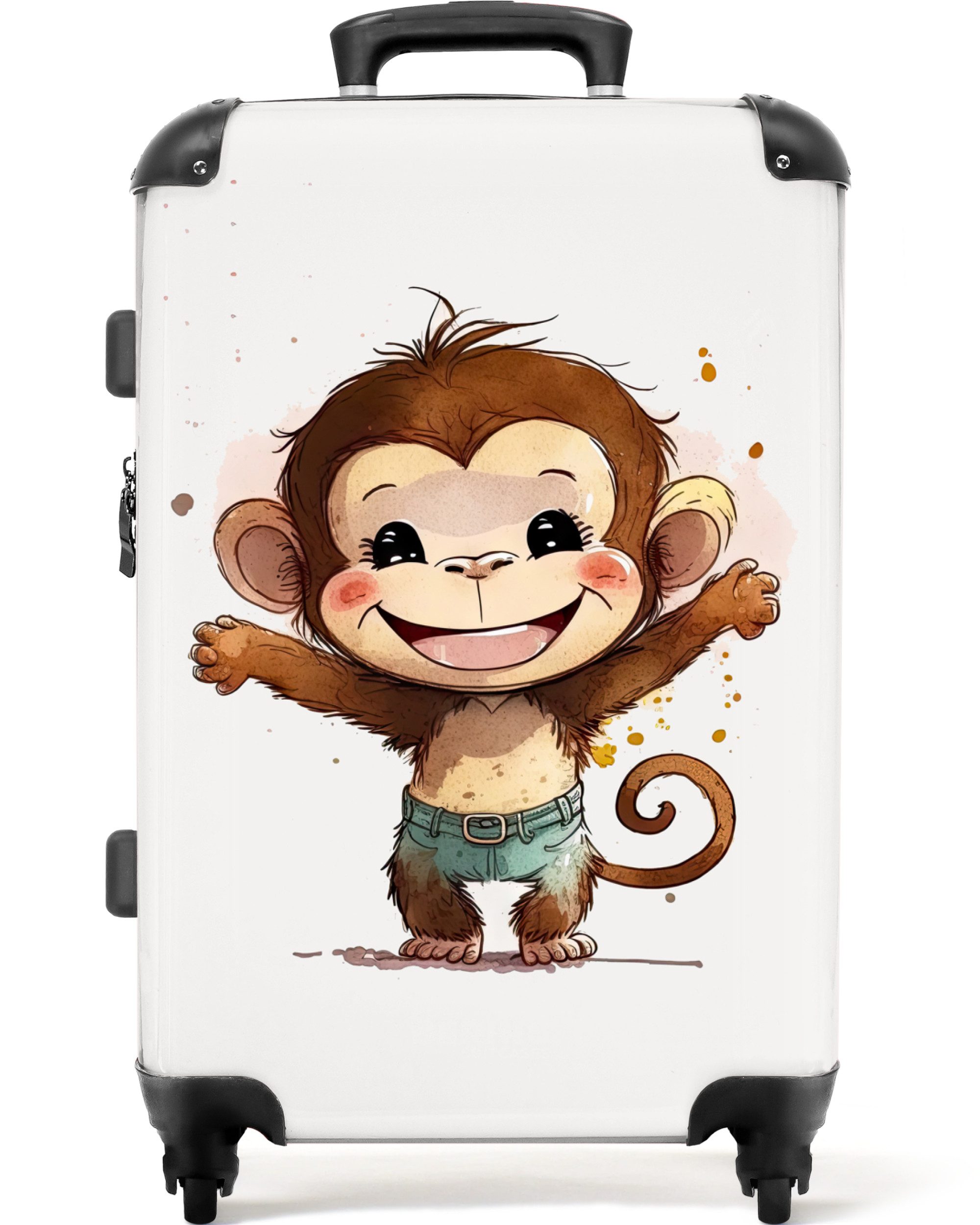 NoBoringSuitcases.com© Kinderkoffer mit leuchtende Räder - Affe - Braun - Aquarell - Tiere - Mädchen - Jun, 4 Rollen, Mittelgroßer Reisetasche mit Rollen für 20kg, Kinderkoffer