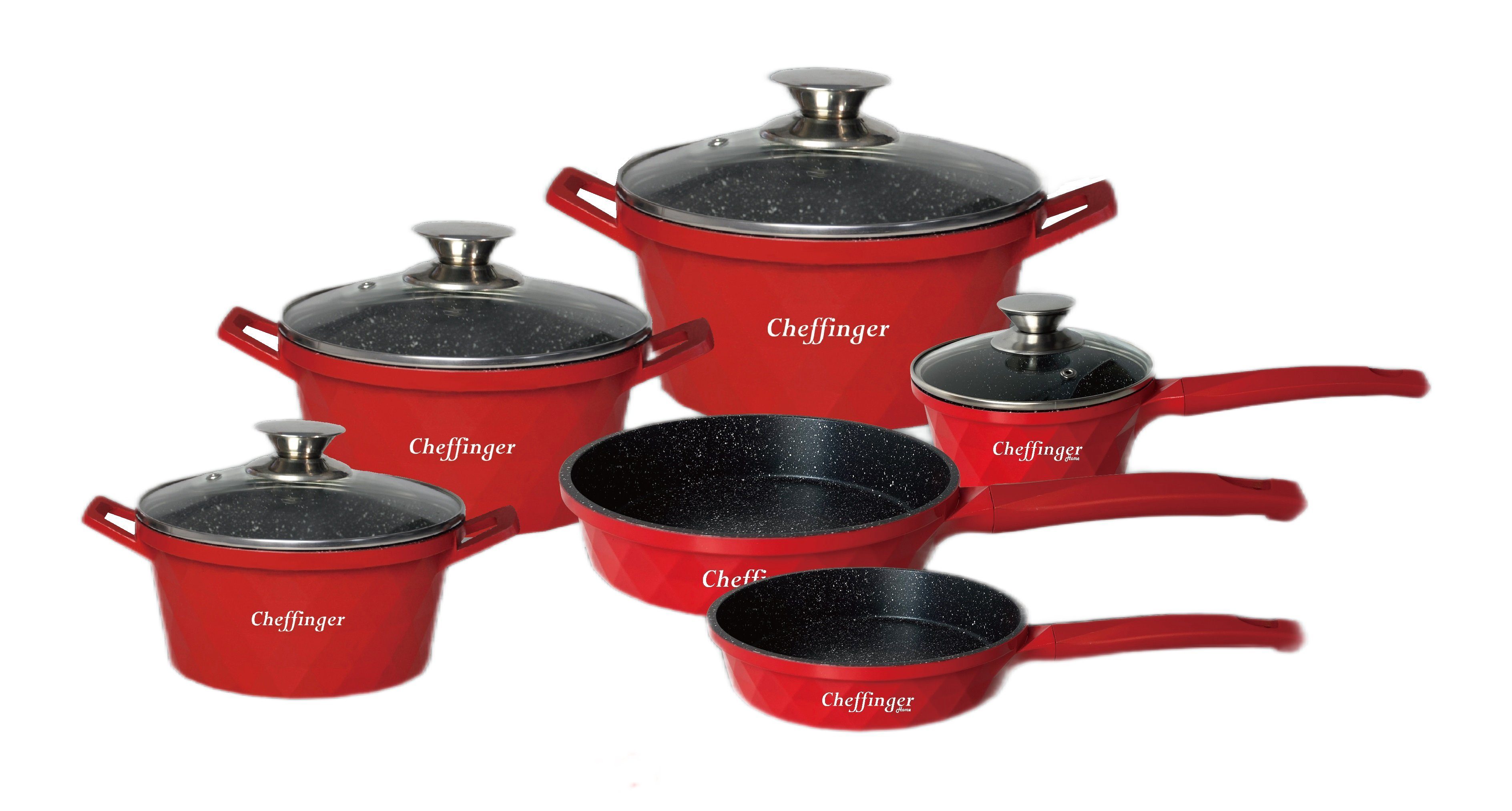 Cheffinger Kochtopf 12-Teilig Kochtopf Set Induktion Kochtöpfe Diamant Topf Induktion, (12-tlg) Rot