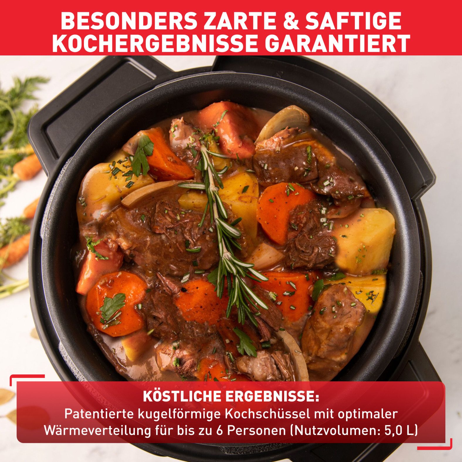 Tefal Multikocher Turbo Cuisine & Fry inkl. Extra-Crisp-Deckel, 1-Knopf-Bedienung, 1200 W, 7,6 l Schüssel, Schnellkochtopf/ Heißluftfritteuse, 15 automatische P – Bild 4 von 5