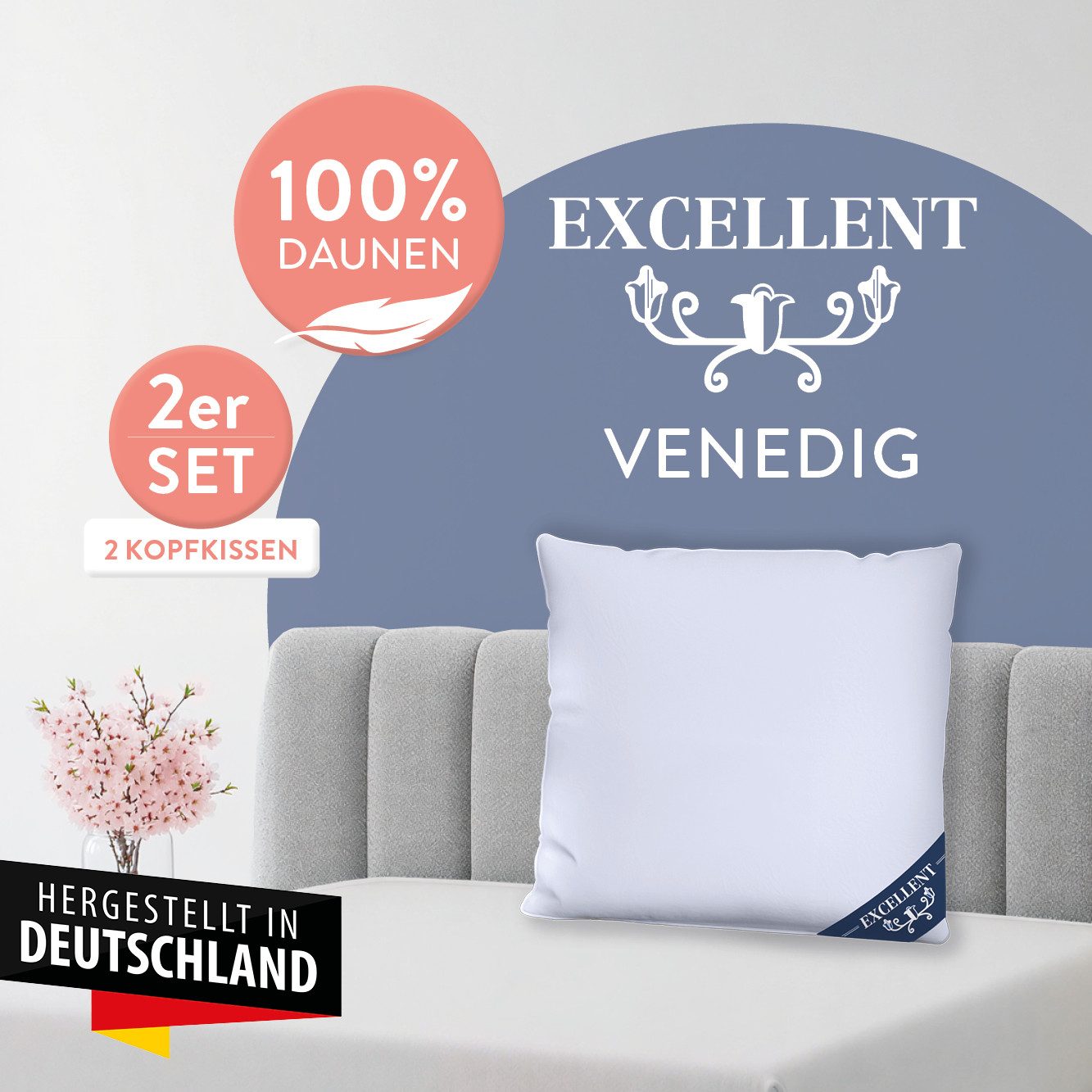 Excellent 3-Kammer-Kopfkissen Venedig, Kissenparade1 tlg. oder 2 tlg. 40x40-80x80 cm, Füllung: weiße neue Daunen, Klasse I, 100% Daunen (Außen), weiße neue Fede – Bild 2 von 5