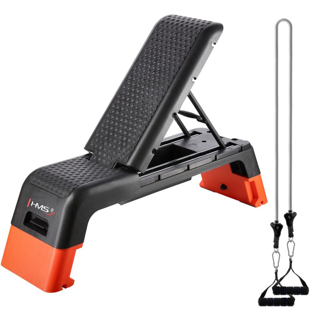 HMS Trainingsbank Steppbrett Hantelbank Fitnessbank, (Spar-Set, 1-tlg., 111 x 34 x 20 cm stabil), Bankfunktion, 3 Neigungswinkel, rutschfest, Stauraum