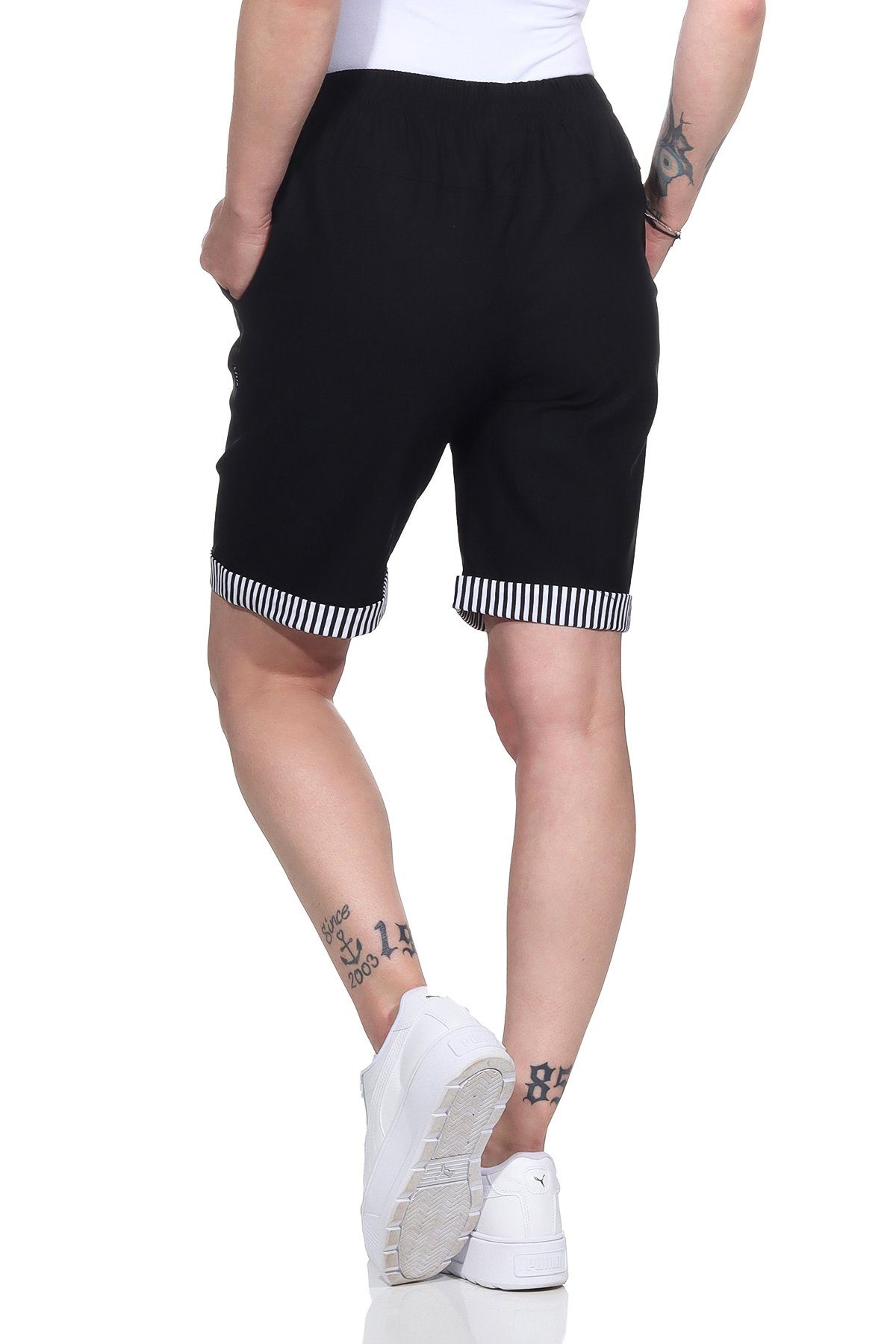 erhältlich, Details maritimen elastischem Shorts auch Maritime großen Größen Schwarz Shorts mit Bund, Damen Aurela in Damenmode Sommer Strandbermuda mit Bermuda