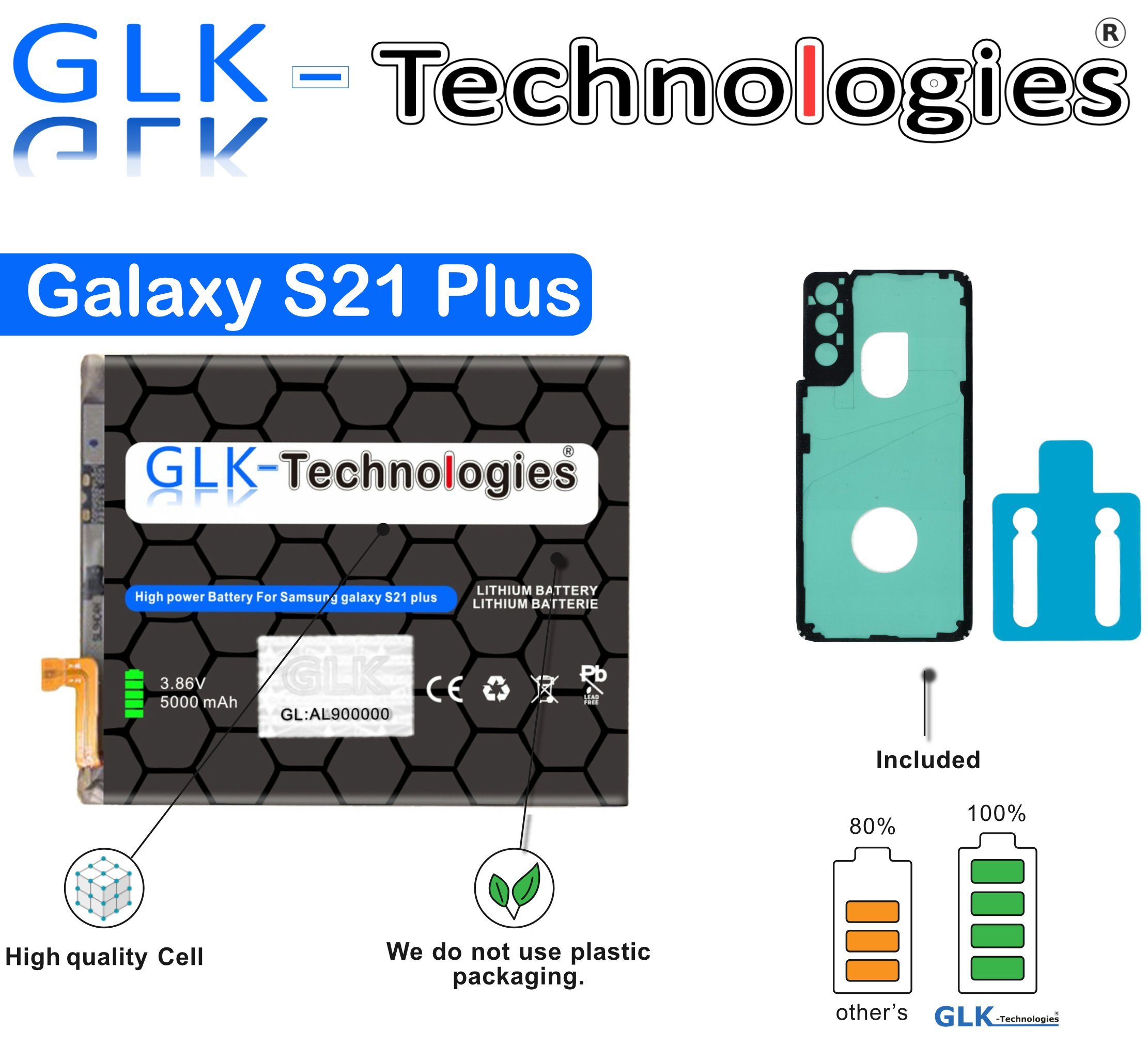 GLK-Technologies Samsung Galaxy S21 Plus G996B EB-BG996ABY Handy-Akku inkl. 2X Klebebandsätze 4200 mAh
