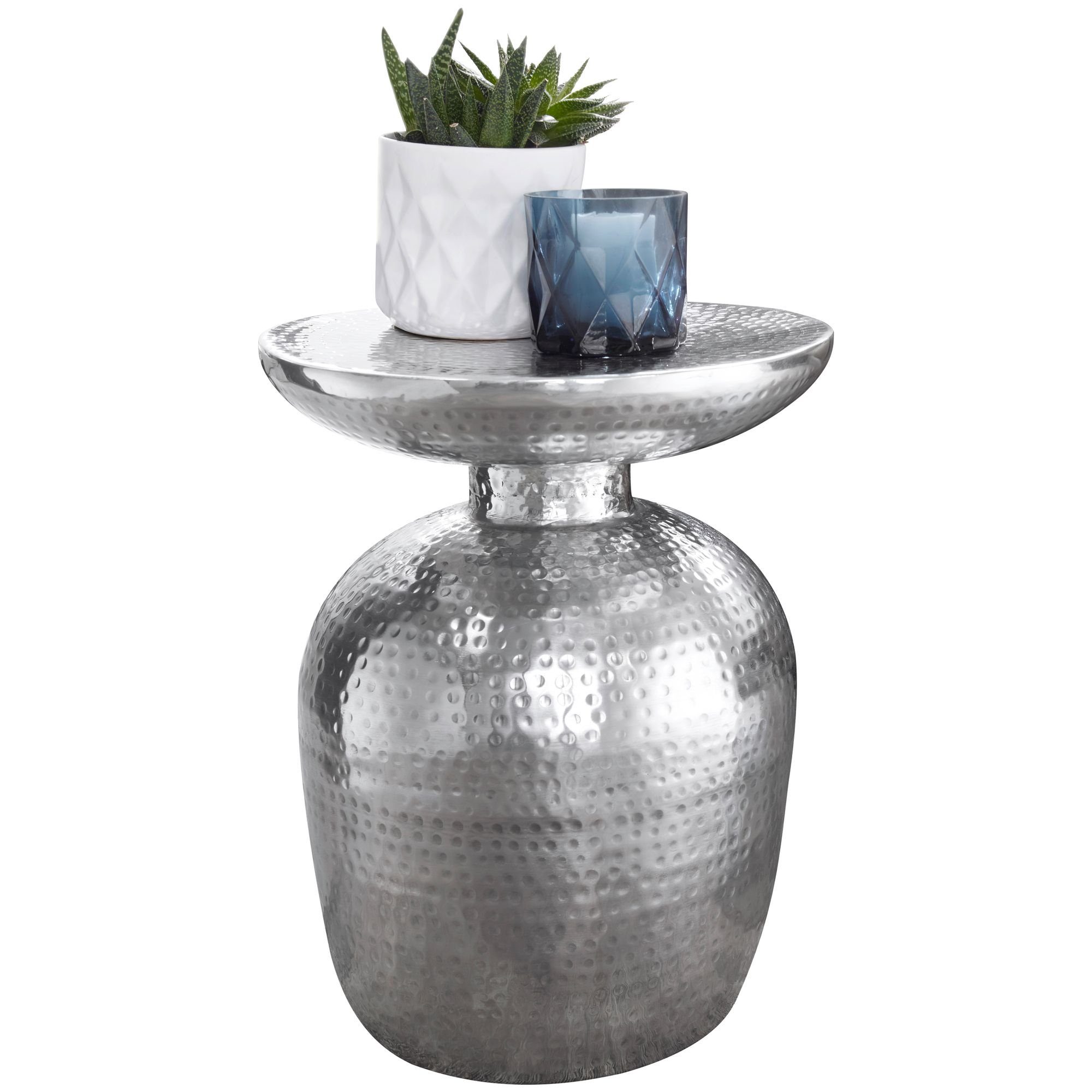 Wohnling Beistelltisch WL5.442 Silbern 36x46x36 cm Dekotisch Ablagetisch Anstelltisch (36,5x46x36,5 cm Aluminium Hammerschlag Silber Rund), Kleiner Wohnzimmertisch, Sofatisch Orientalisch