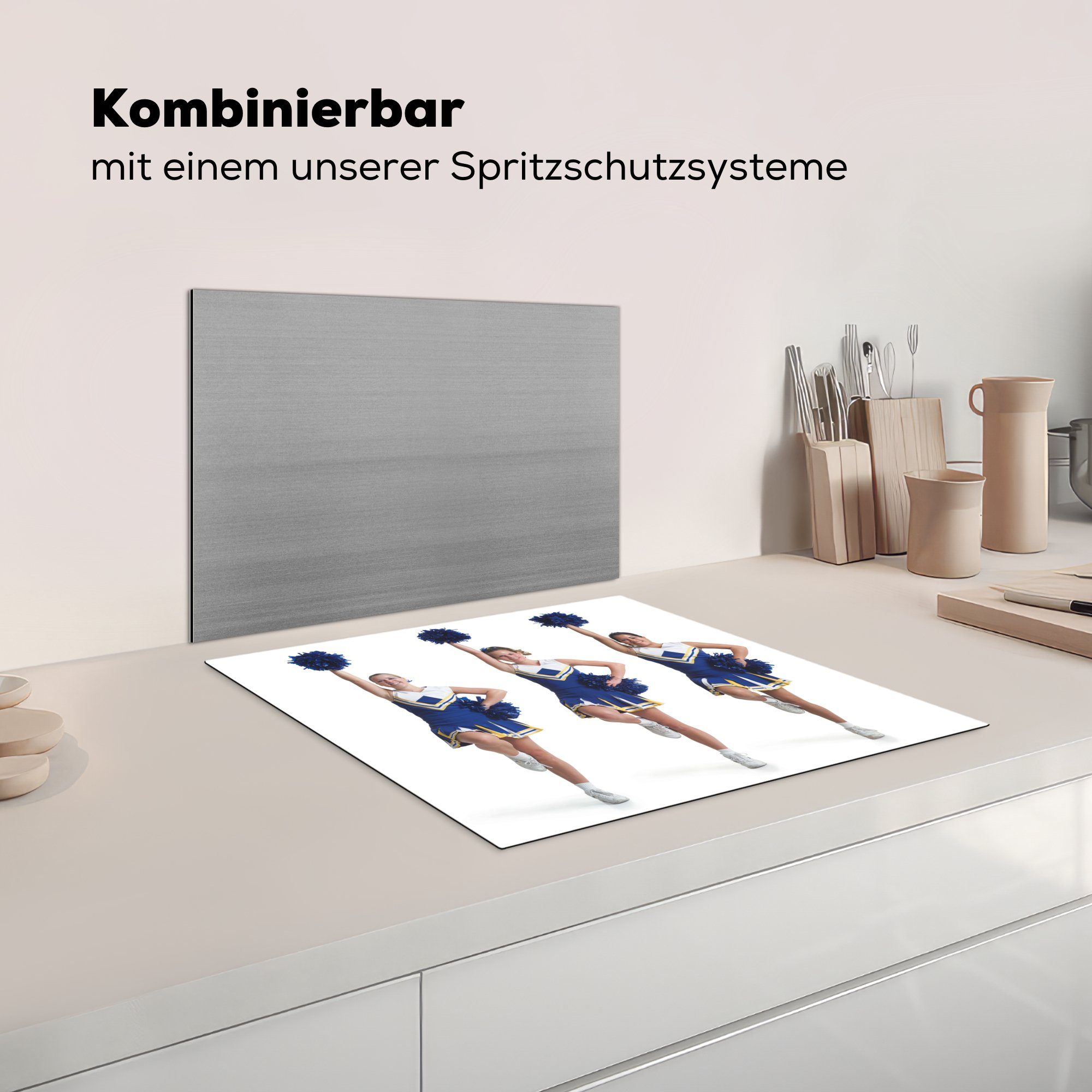 cm, Ceranfeldabdeckung 59x52 Pompon für halten die Teenager Induktionsmatte einen Drei Luft, als tlg), (1 Cheerleader die MuchoWow Vinyl, Herdblende-/Abdeckplatte küche, in