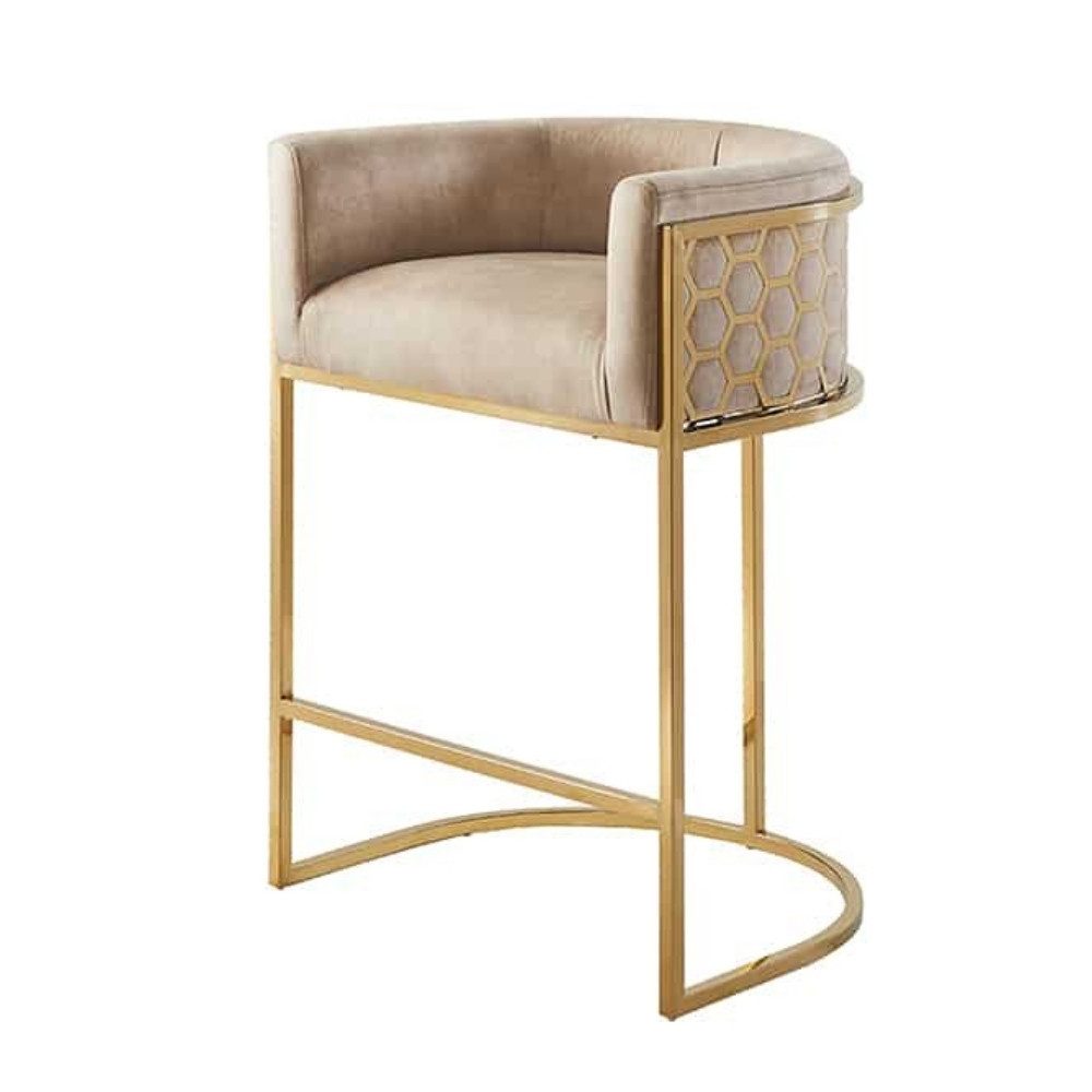 LebensWohnArt Stuhl Edler Barhocker LEGANZA beige Samt gold Edelstahl Armlehne