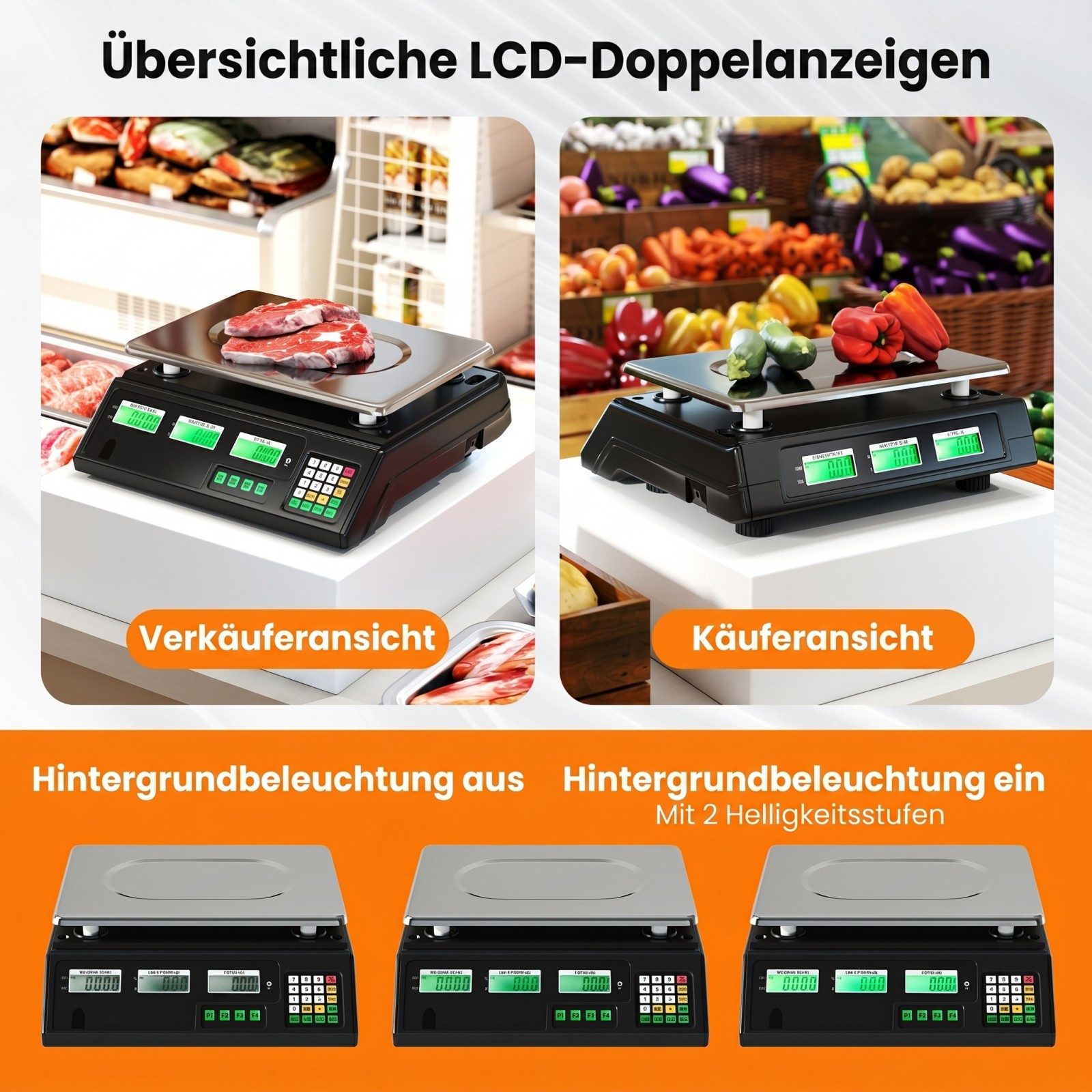 COSTWAY Präzisionswaage, 40kg Ladenwaage mit Beidseitigem LCD-Display