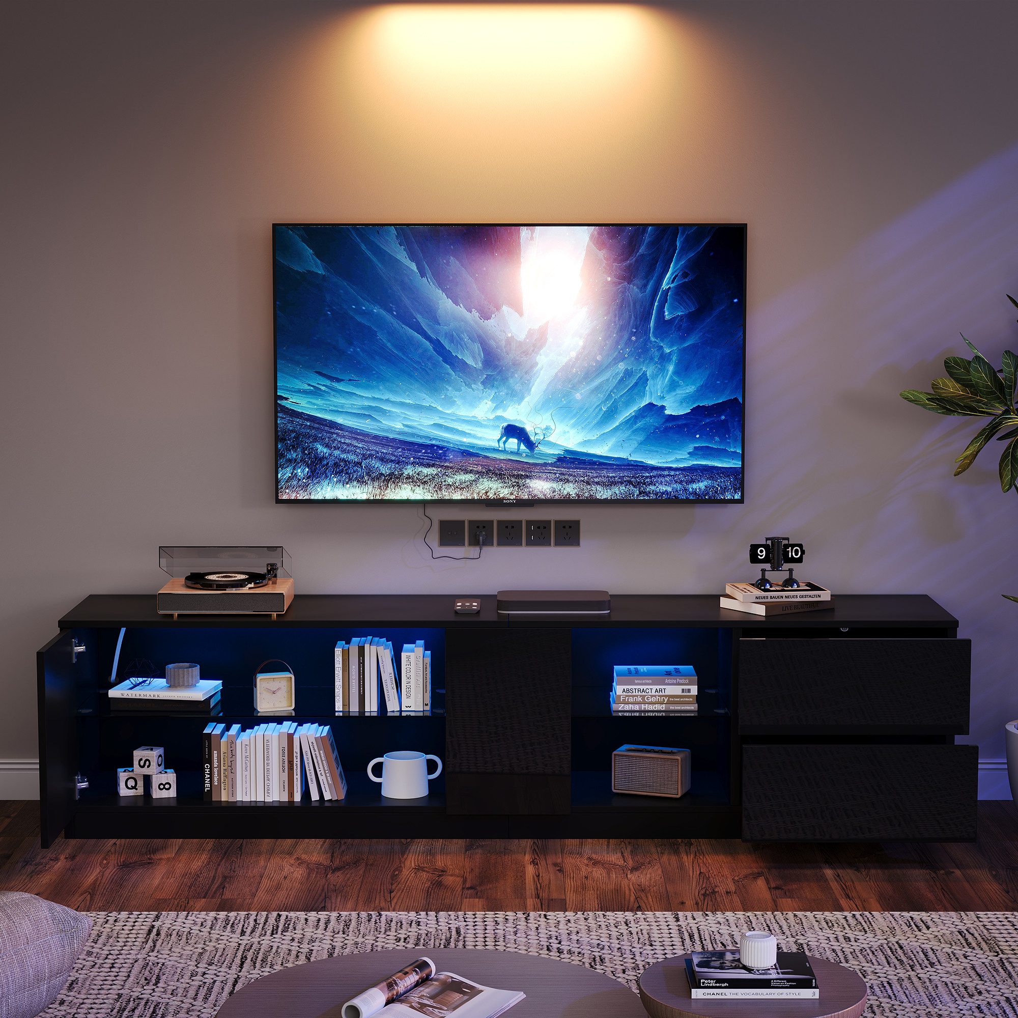 REDOM Lowboard Hochglanz Kommode (Wohnzimmermöbel, Fernsehtisch, TV-Ständer, 1 St., mit LED-Beleuchtung), 160 x 40 x 52 cm, passend für 65" Fernseher