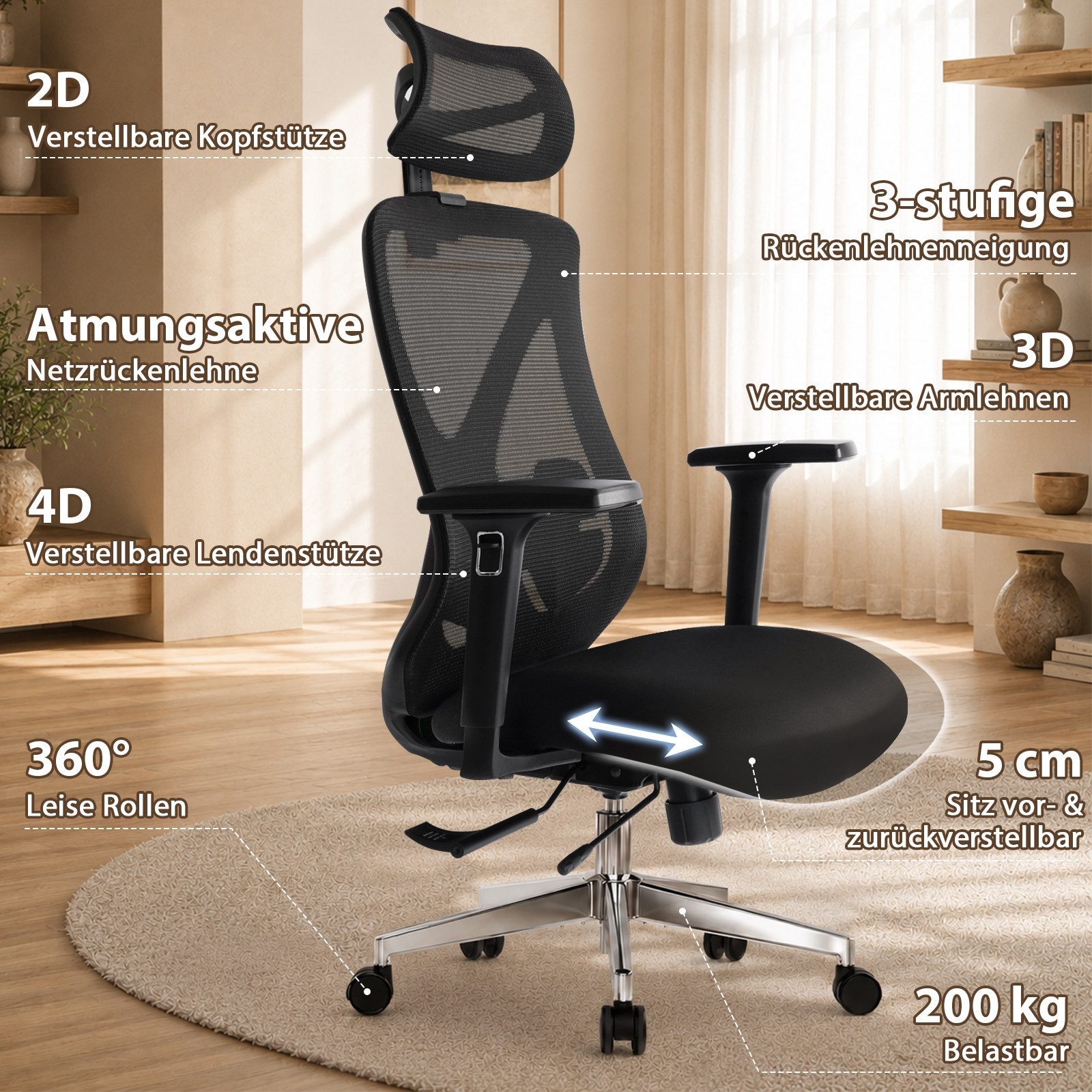 Hoolamyie Bürostuhl, Ergonomischer Schreibtischstuhl 200 kg, individuell anpassbar (Drehstuhl mit 4D-Lordosenstütze, 3D-Armlehnen, extra großer, verstellbarer Kopfstütze, Sitztiefenverstellung, atmungsaktiver Mesh-Rückenlehne, hochelastischem und druckentlastendem Sitzpolster sowie 3-fach arretierbarer Rückenlehne bei 90°, 115° und 135), Ergonomischer Bürostuhl und Netzstuhl für Homeoffice & Büro