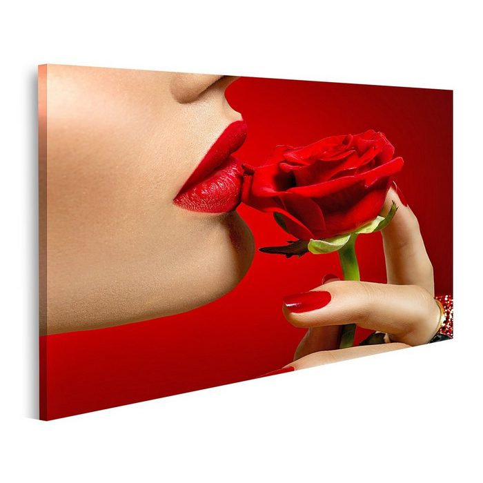 islandburner Leinwandbild Bild auf Leinwand Schönes Model Frau küsst rote Rose Blume Sexy Lippen