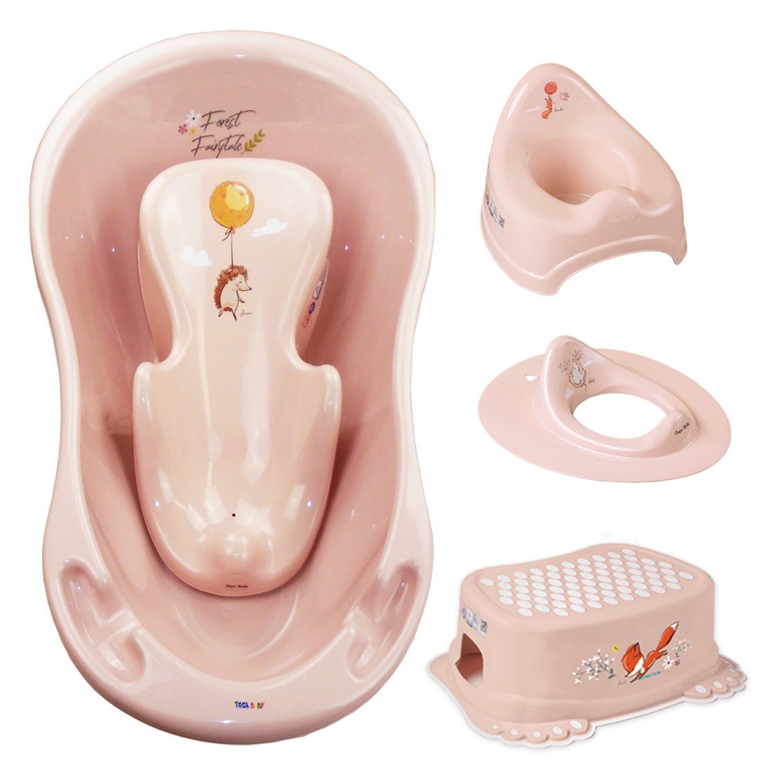 Tega-Baby Topf - Bbadeset -Baby Pflege WC Babybadewanne Zubehör Aufsatz + TEILE ** + Hocker** Set), 5 Rosa Wanne in + Babywanne SET Premium FOREST (Made Badesitz + Baden, Europe