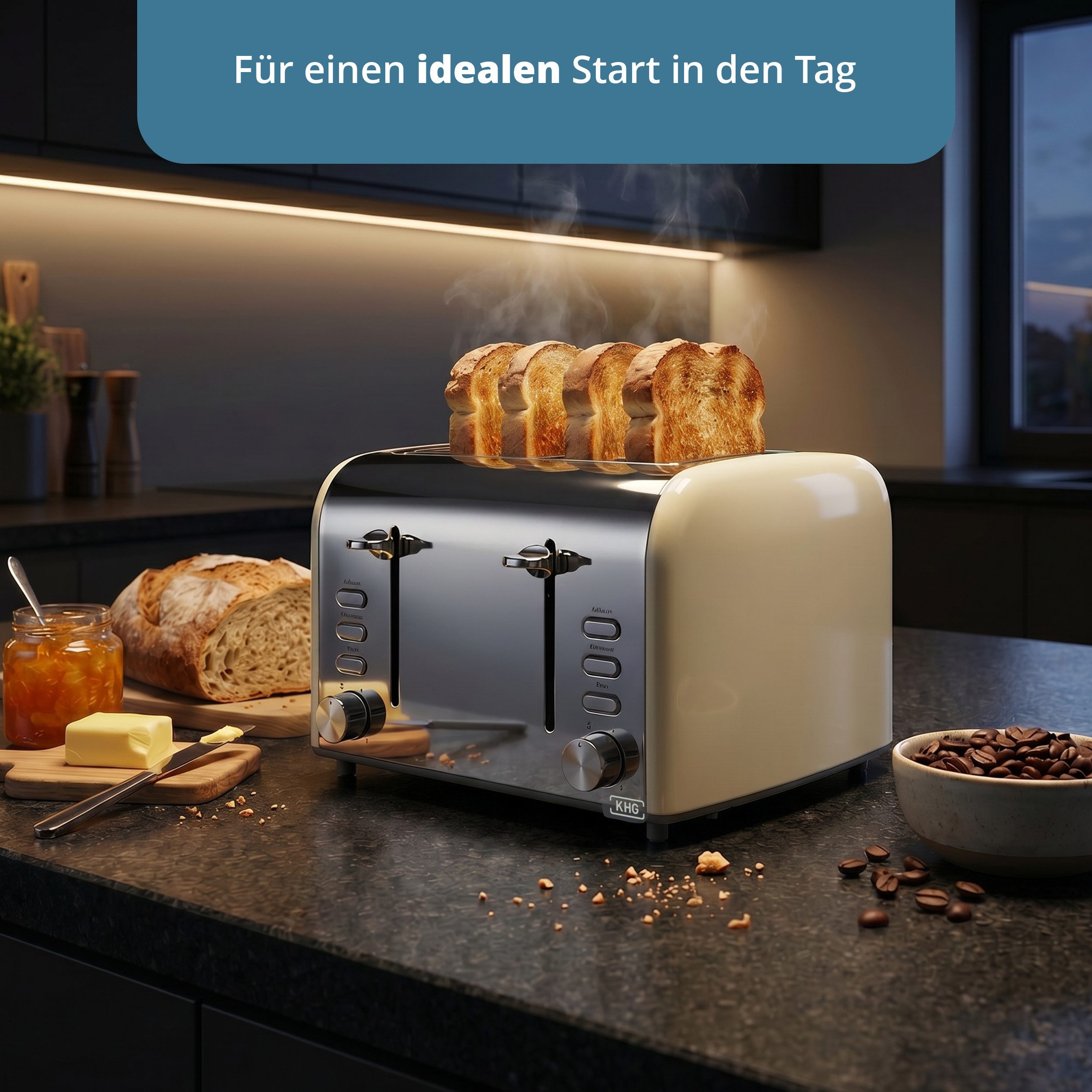 KHG Toaster 4-Scheiben-Toaster Creme mit 1600 W und 6 Röstgradstufen, 4 kurze Schlitze, für 4 Scheiben, 1600 W, Cool Touch Gehäuse, Auftau- & Aufwärmfunktion, Abschaltautomatik