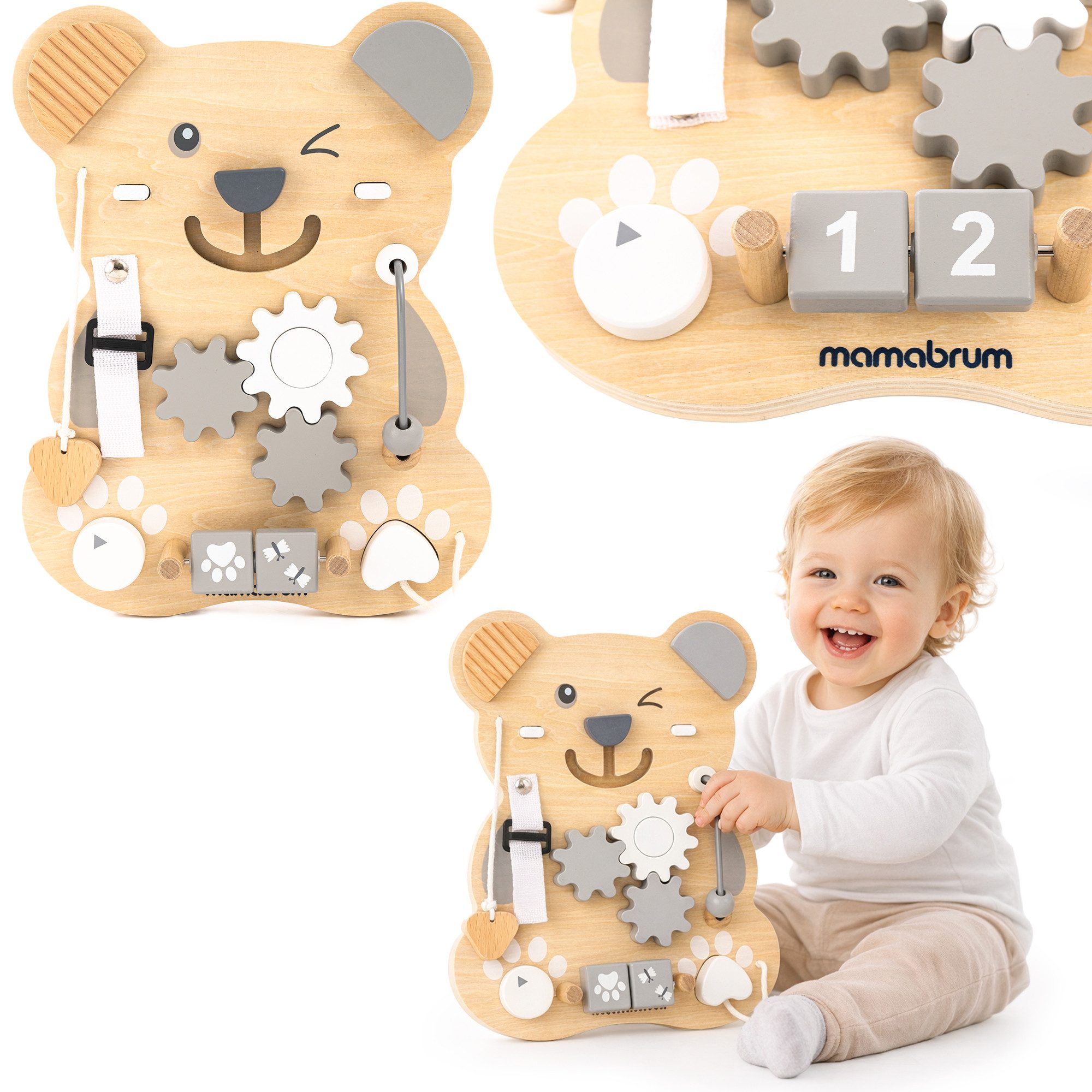 Mamabrum Motorikbrett Mamabrum Montessori Busy Board Holz 10in1 Lernspielzeug