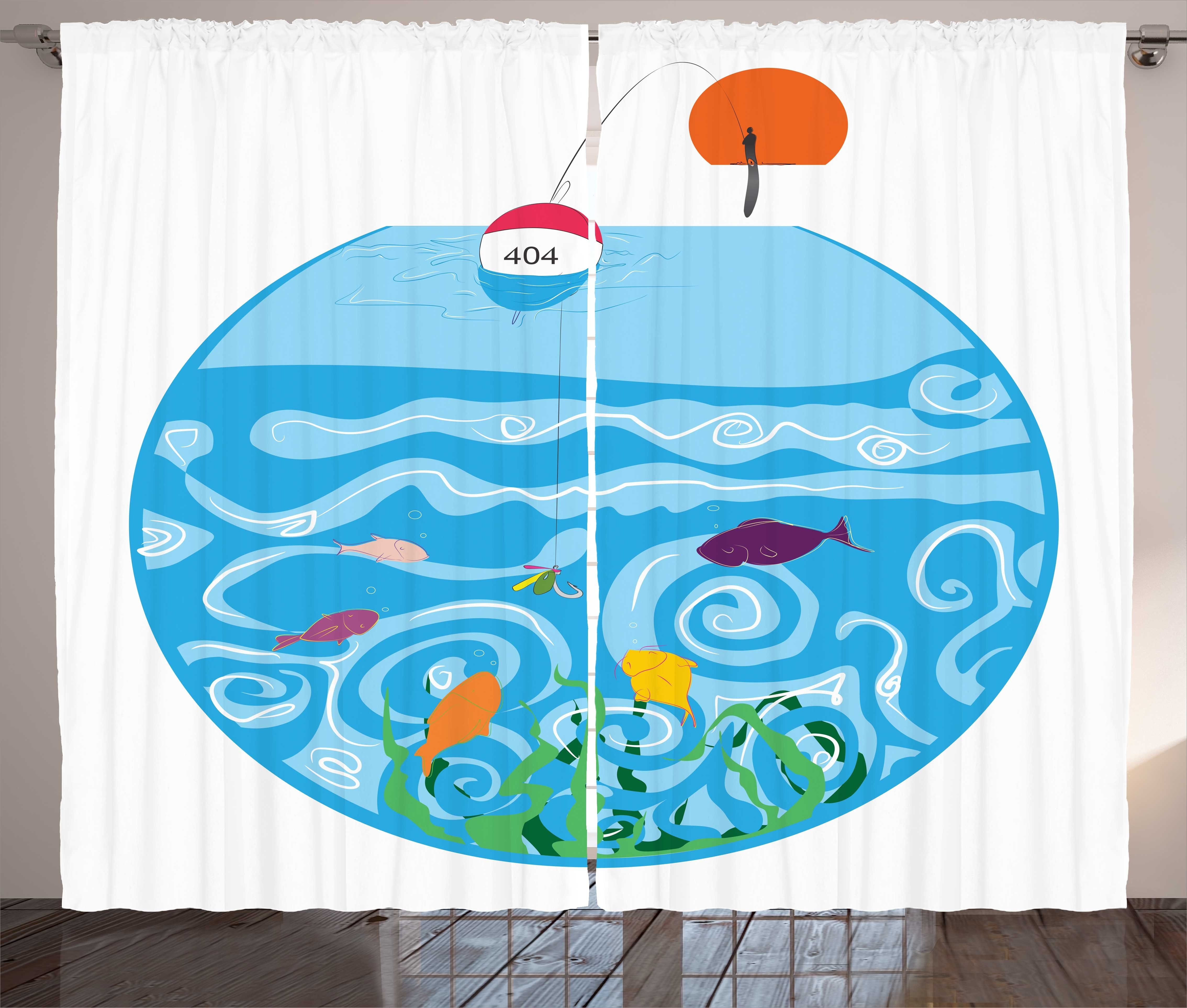 Gardine Schlafzimmer Kräuselband Vorhang mit Schlaufen und Haken, Abakuhaus, Angeln Theme Angeln mit Aquarium