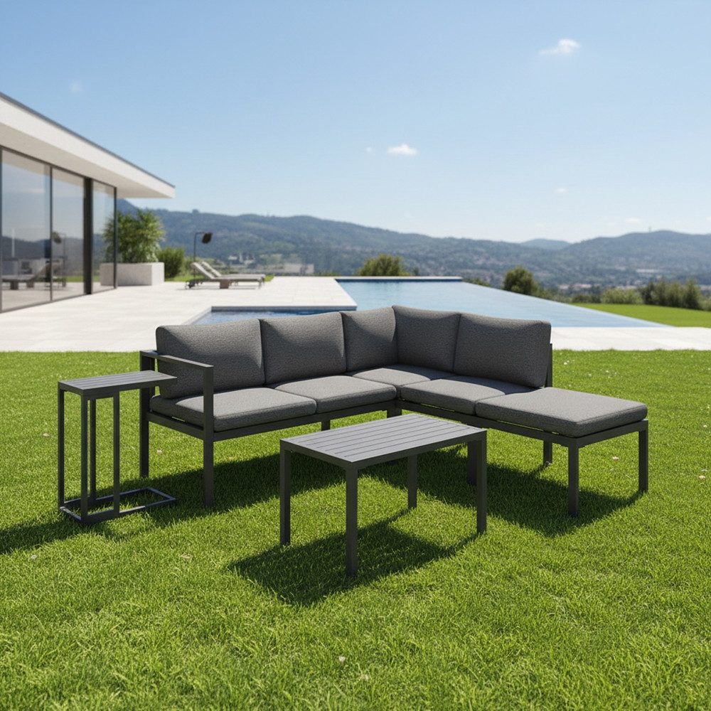 Mucola Sitzgruppe Ecksofa Aluminium Essgruppe wetterfest Ecklounge Beistelltisch Hocker, (UV-Beständigkeit, 5-tlg., Мебельset Anthrazit), Inkl. praktischen Beistelltisch, Hocker und wasserabweisenden Kissen