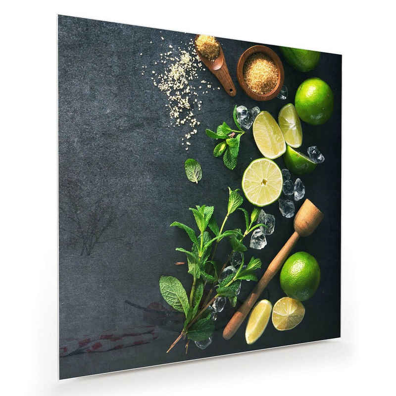 Primedeco Glasbild Wandbild Quadratisch Limetten und Kräuter mit Aufhängung, Früchte