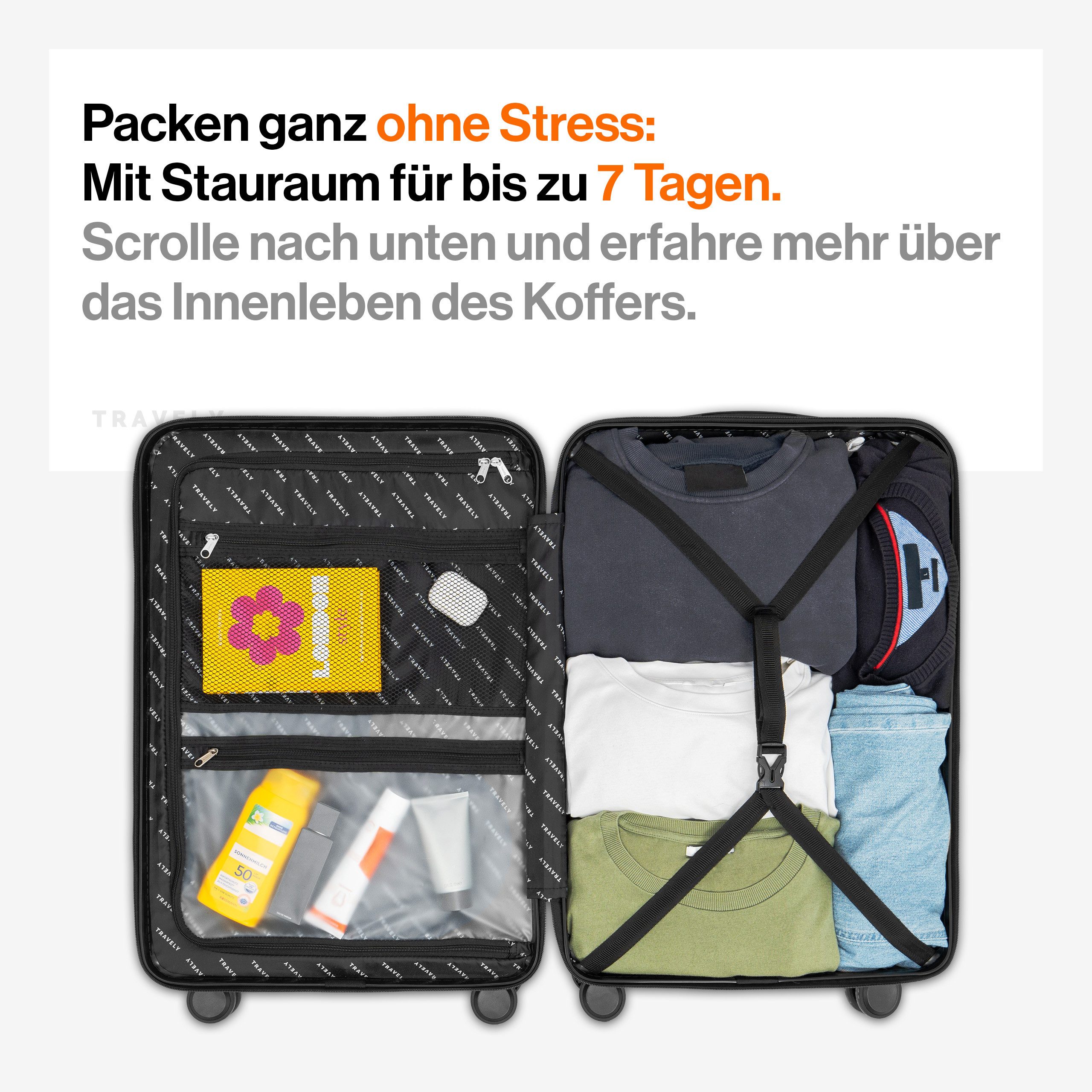 Travely Koffer Polycarbonat Koffer L 67cm - Reisekoffer, Hartschalenkoffer, Trolley, 4 Rollen, Designed in Germany, austauschbare Griffe und Rollen