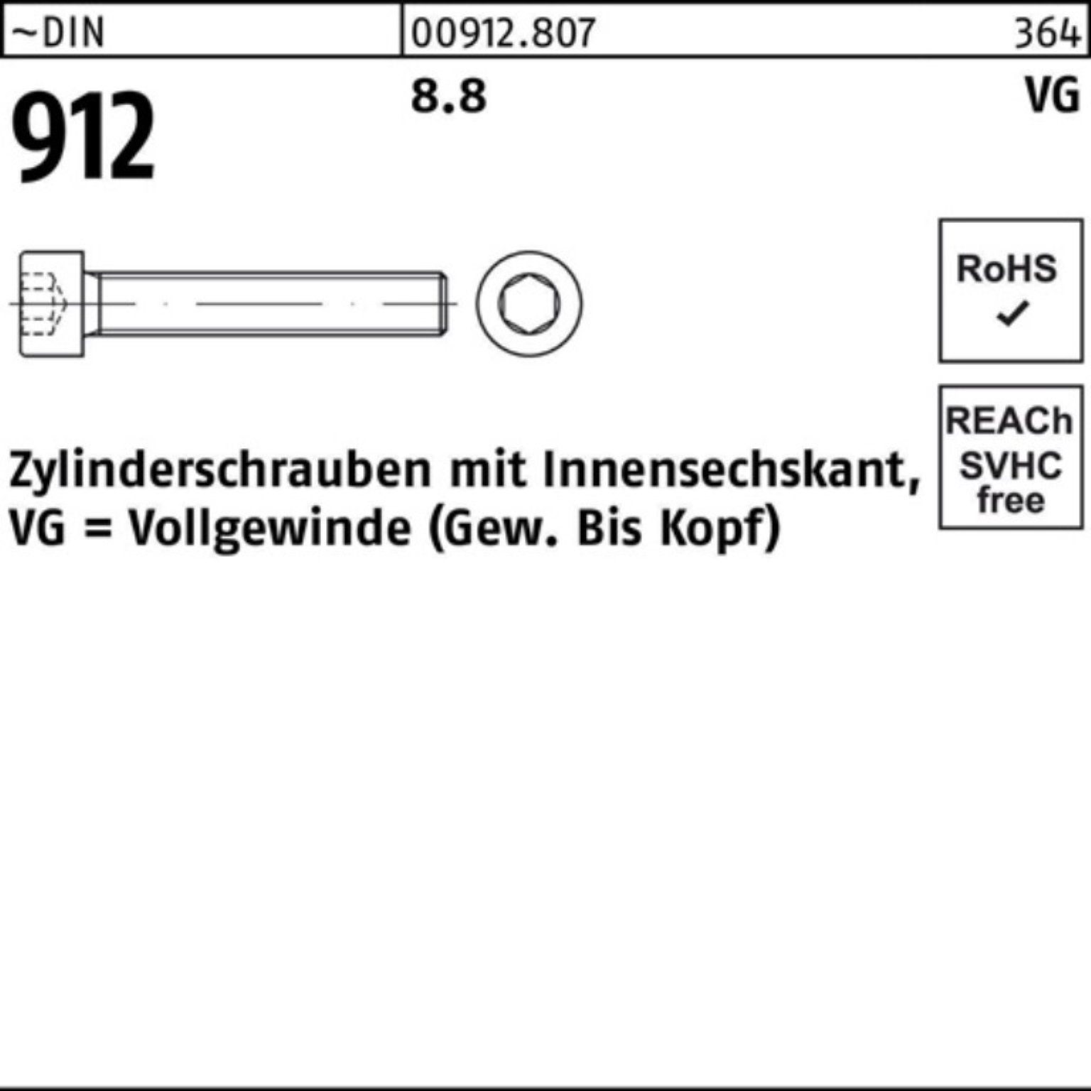 Reyher Zylinderschraube 200er Pack Zylinderschraube DIN 912 Innen-6kt VG M8x 70 8.8 200 Stück