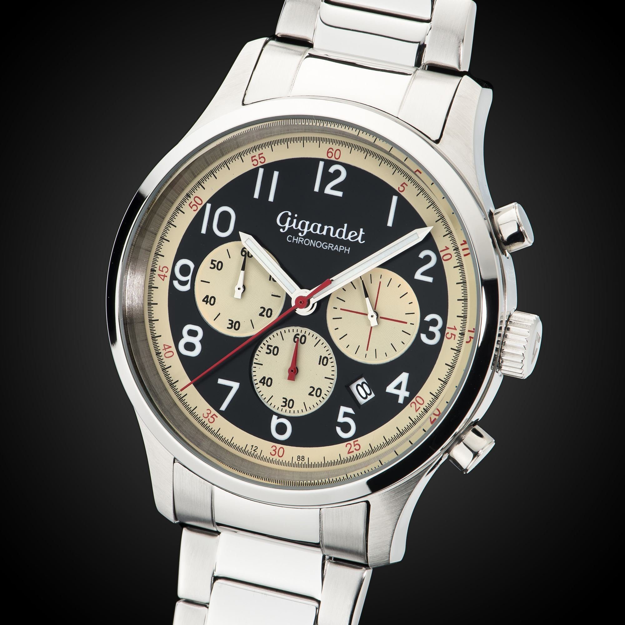 Gigandet Chronograph Armbanduhr, Herrenuhr, Sportuhr, 44mm, EFFICIENCY G50-005, Mineralglas, Datumsanzeige, Edelstahlband, 5bar/50m wasserdicht