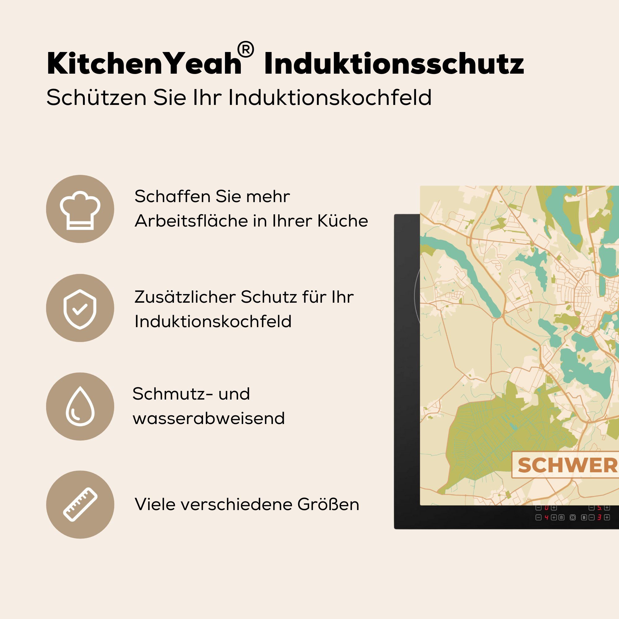 - - Ceranfeldabdeckung, Herdblende-/Abdeckplatte 78x78 Stadtplan, Vintage tlg), küche Vinyl, Schwerin (1 - cm, Arbeitsplatte Karte für MuchoWow