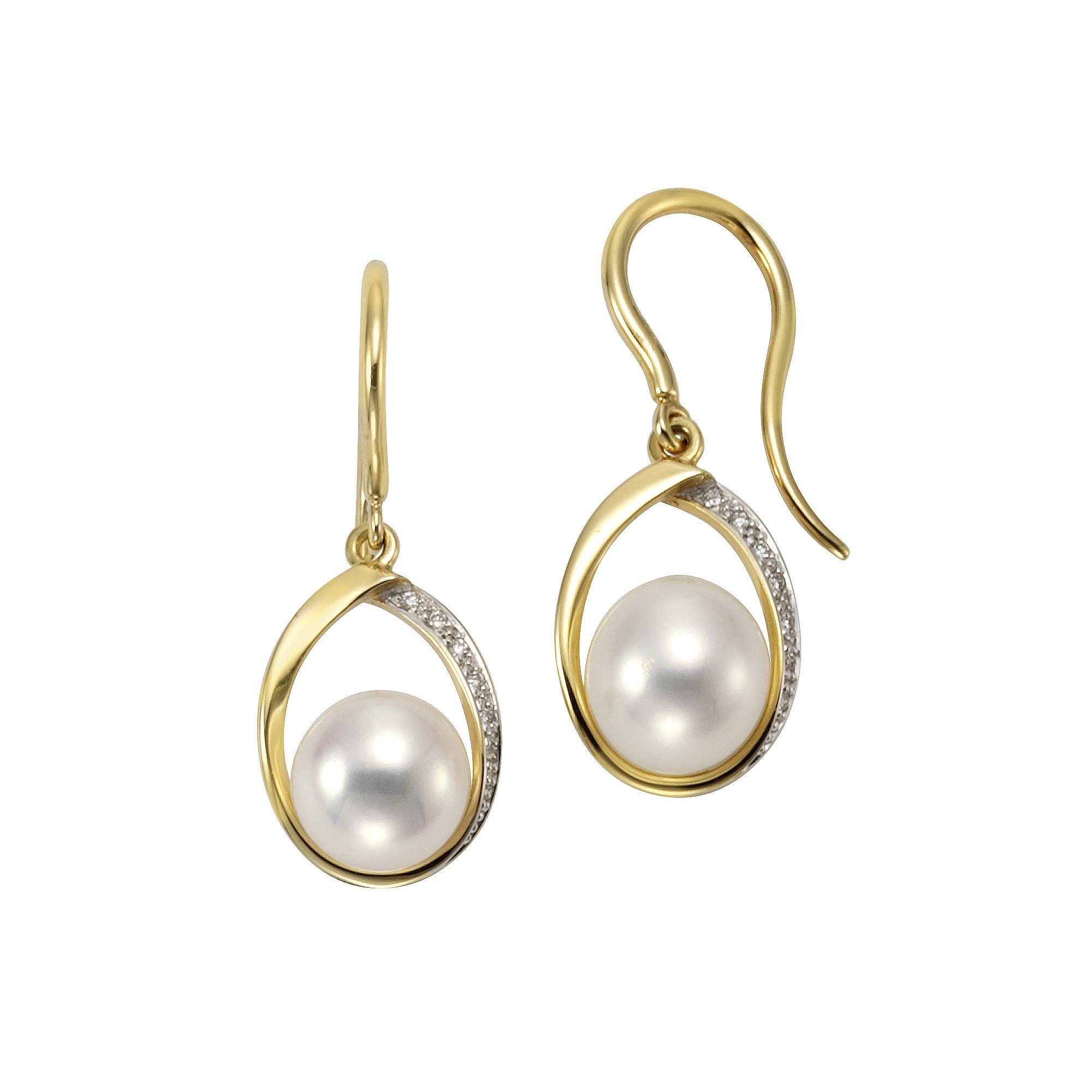 Orolino Paar Ohrhaken 585 Gold Perlen weiß 7,5-8mm + 14x Brillant 0,04ct. | Ohrhaken
