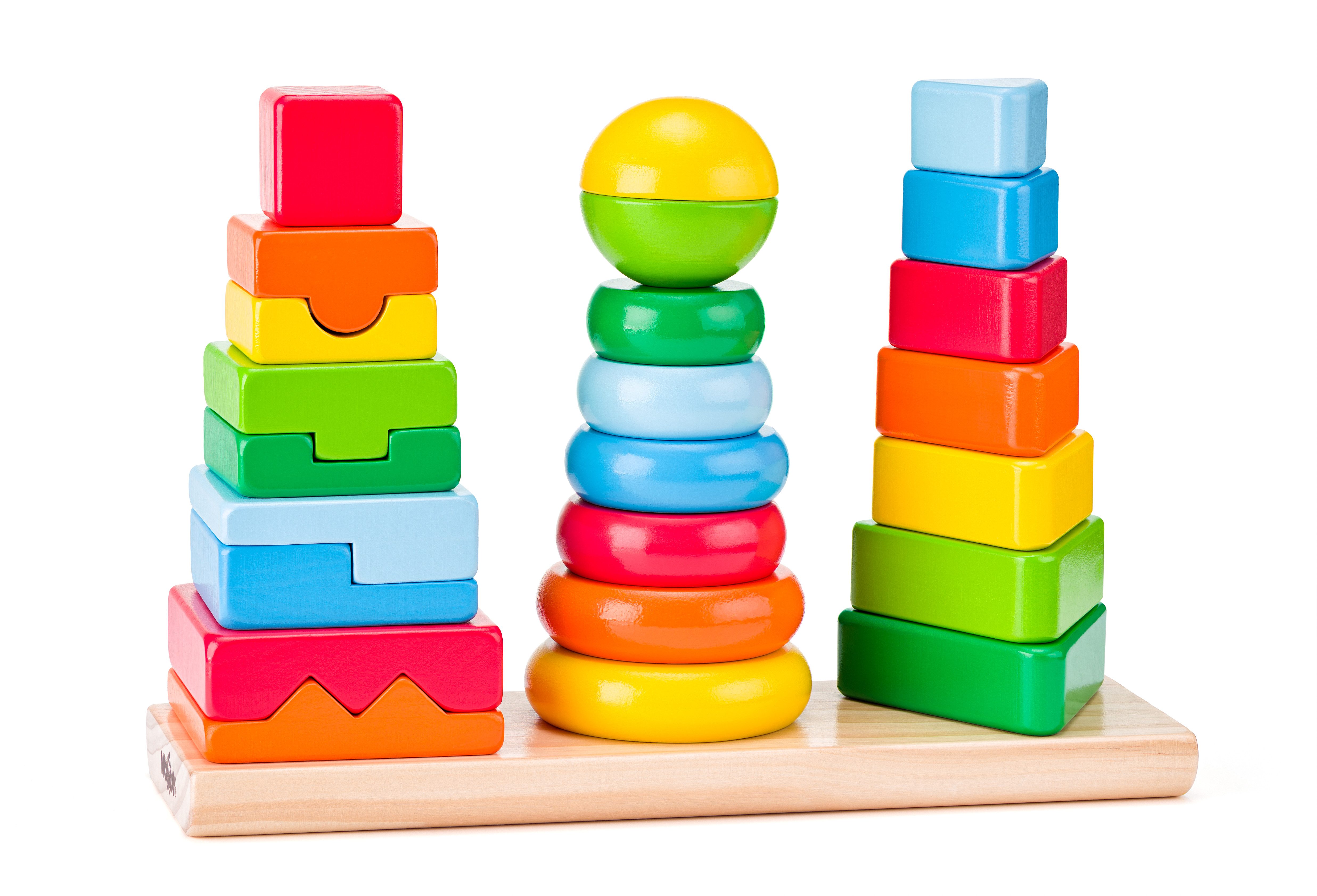 Woodyland Lernspielzeug Motorikspiel 3 Steckpyramiden in diversen Formen + Farben, 3 Stecktürme in unterschiedlichen Farben