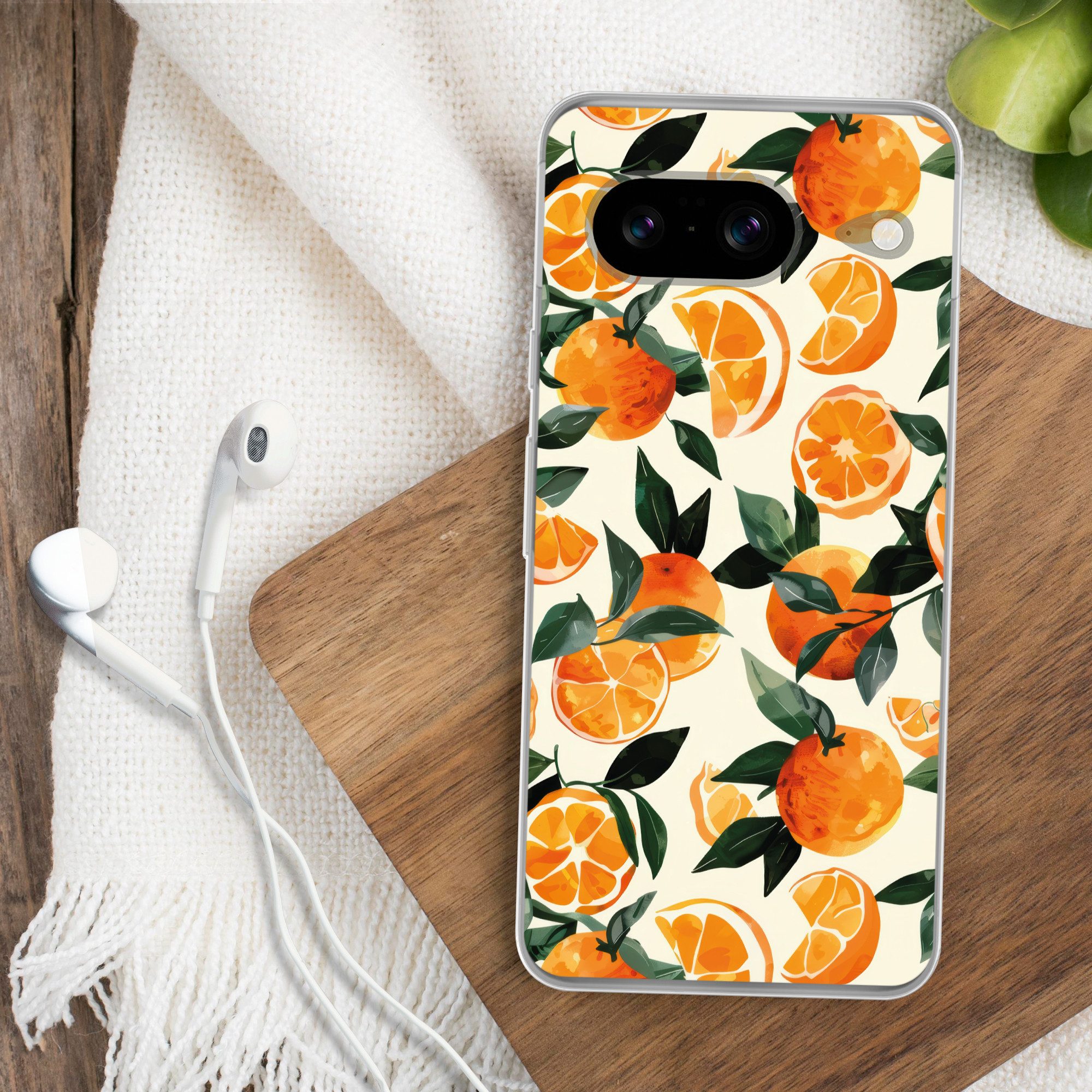 MuchoWow Handyhülle für Google Pixel 8 Orangen - Früchte - Blätter - Orange - Grün - Beige, Handy Case, Silikon, Bumper Case Dünn