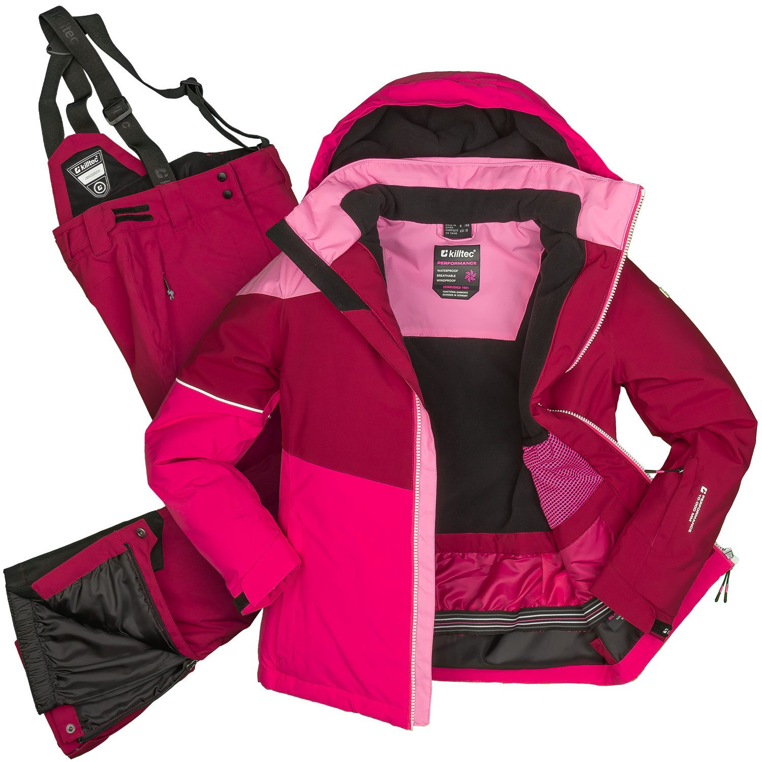 Killtec Skianzug Mädchen Skijacke bordeaux rosa + Skihose weinrot, geschweißte Nähte
