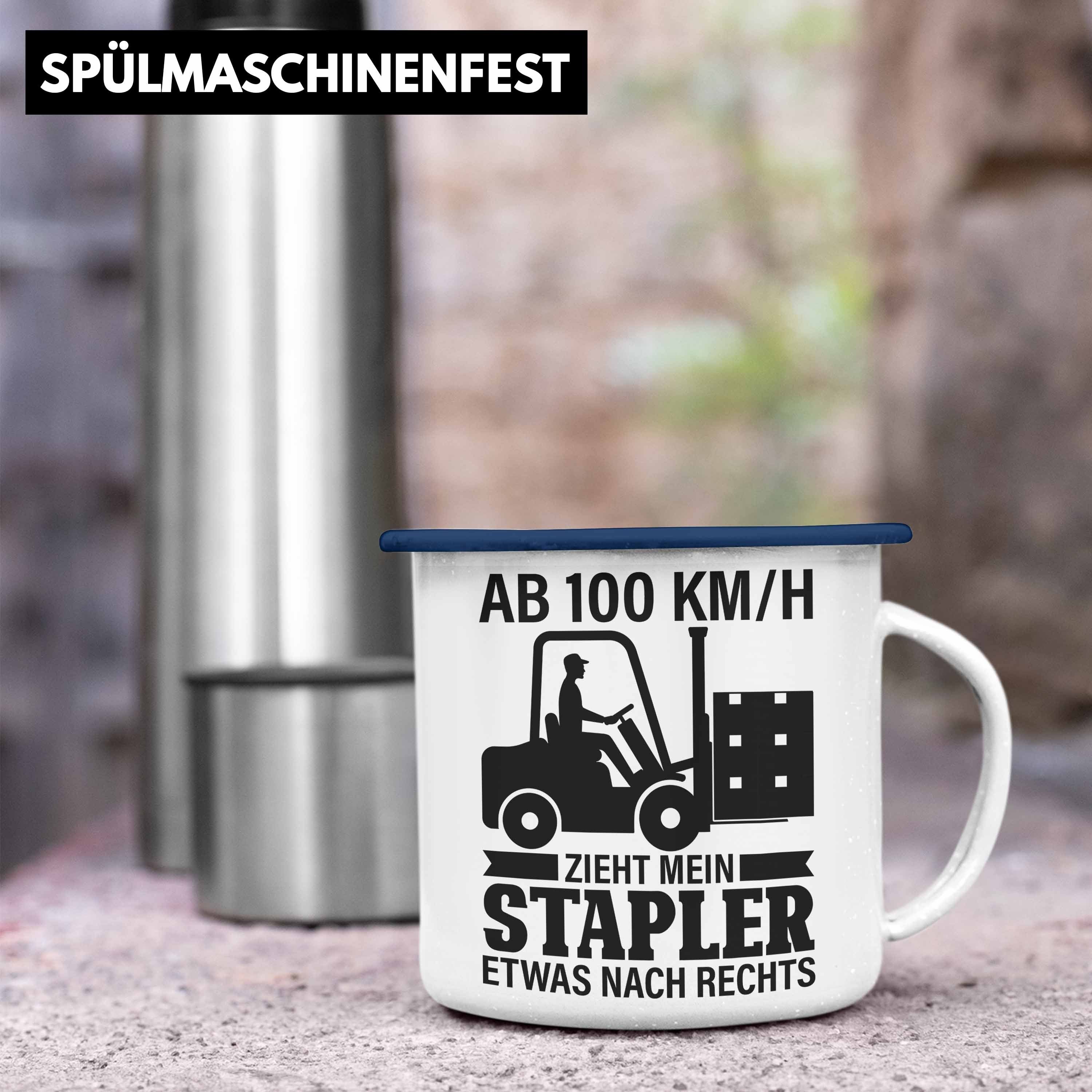 Trendation Thermotasse Trendation - Gabelstapler Lagerist Fachlagerist Geschenkidee Spruch Blau Tasse Geschenk Staplerfahrer Emaille