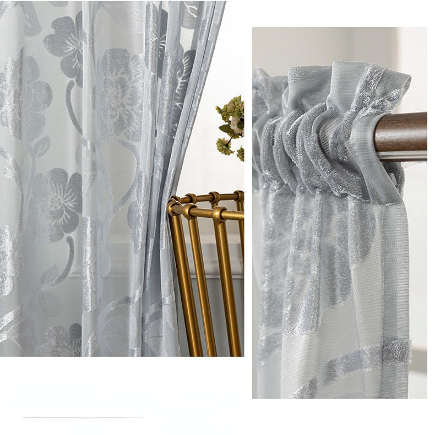 Gardine, HOMEIDEAS, Stangendurchzug Muster halbtransparent, (2 Grau St), Lily polyester