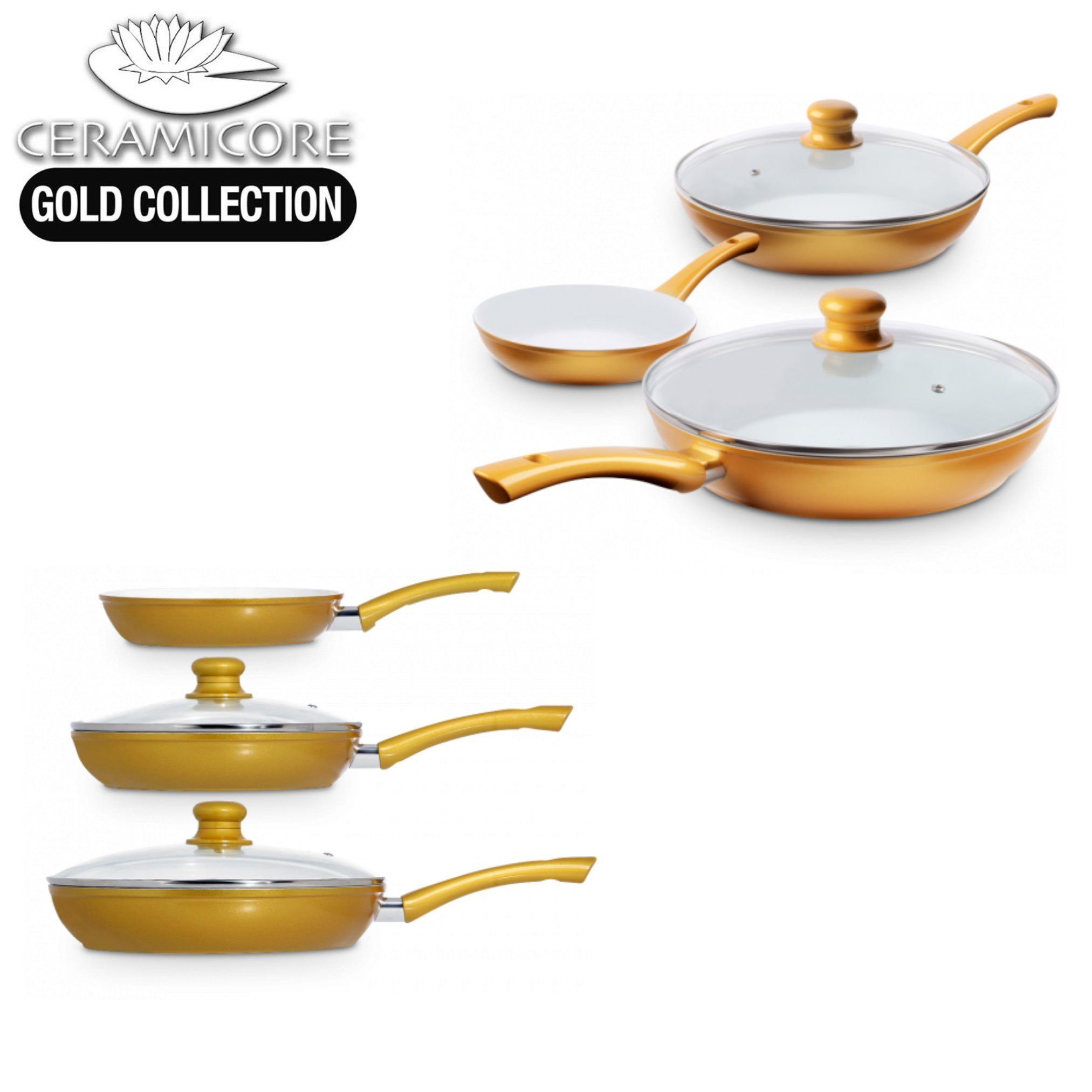 24cm Direct® Set Keramik (20cm, und 28cm) (Set, Pfannenset Beschichtung, gold Pfannen-Set Ceramicore® 3 5-tlg), 5er Keramik Best Pfannen mit