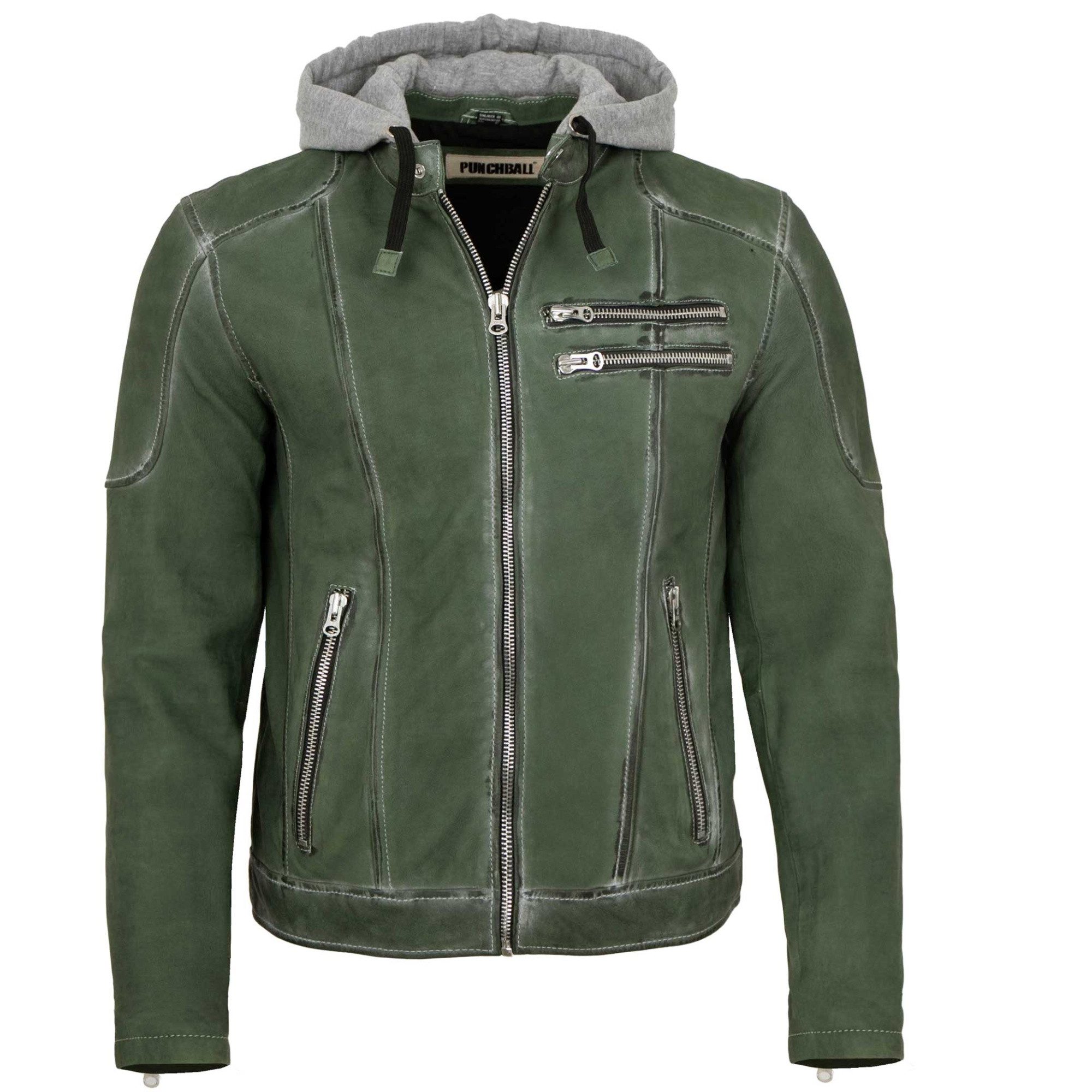 PUNCHBALL Lederjacke Doran Punchball - Herren Lederjacke Kapuze Lammnubuk grün antik