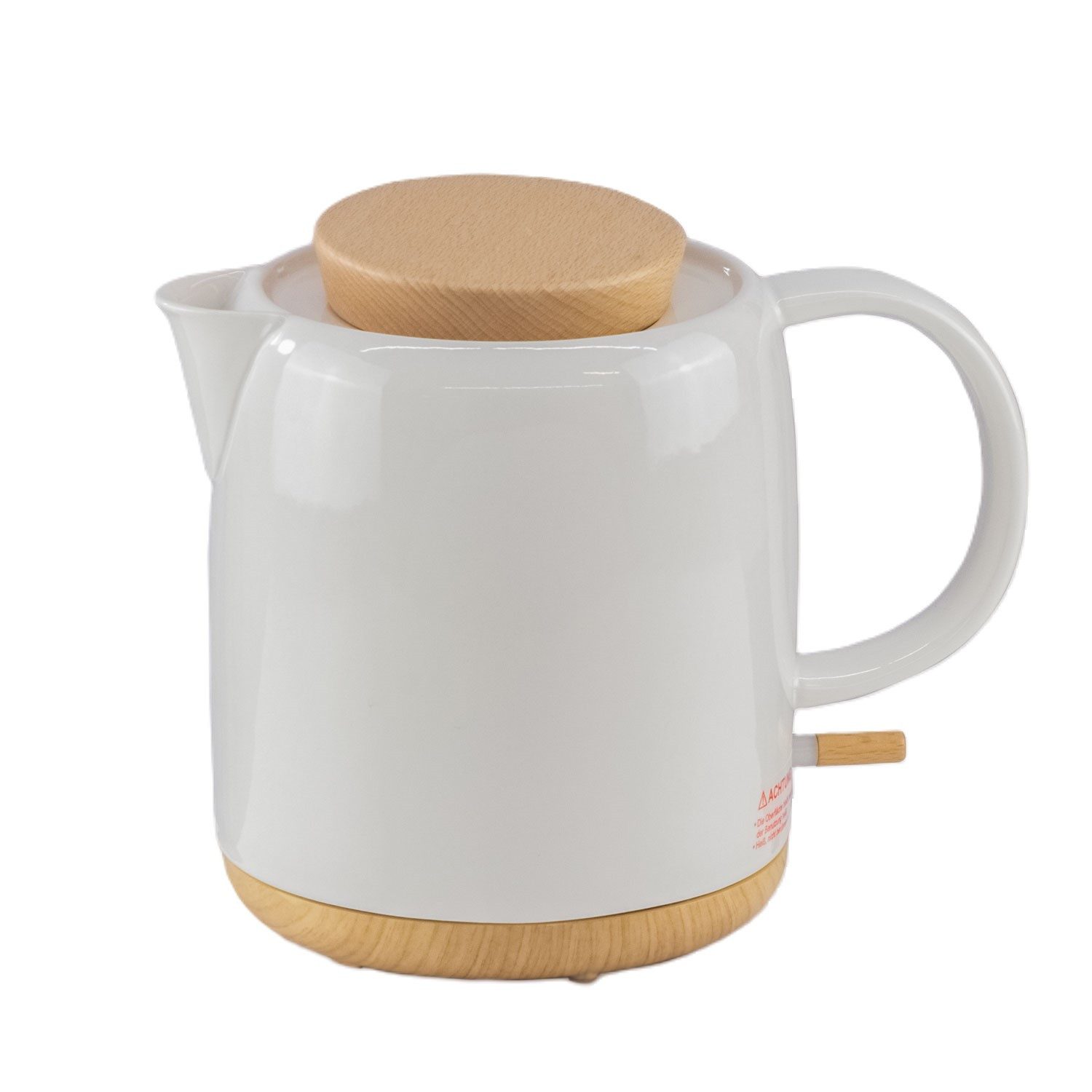 KVOTA Єлктрочайники elektrisch aus Keramik, 1 L, abnehmbarer Holz-Deckel, weiß, modernes, 1 l, 1200 W, modernes Öko-Design