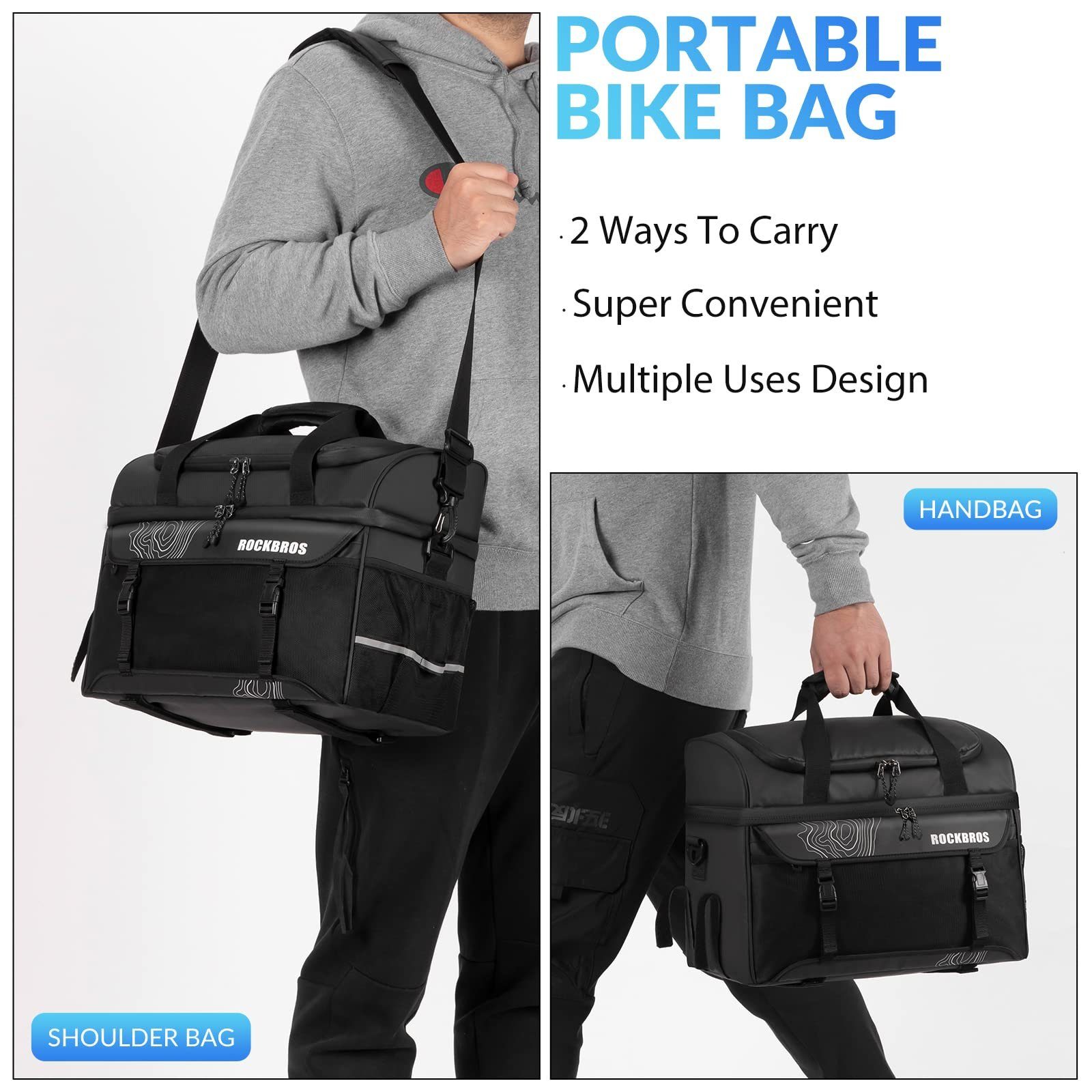 (Doppel-Fächern ROCKBROS Schwarz) Transporttasche Lunch Gepäckträgertasche 11L Schultergurt Isolierte Tasche mit Kühltasche