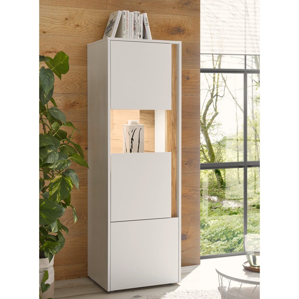 Lomadox Vitrine CRISP-61 weiß mit Absetzungen in Wotan Eiche Nb. 50/155/40 cm