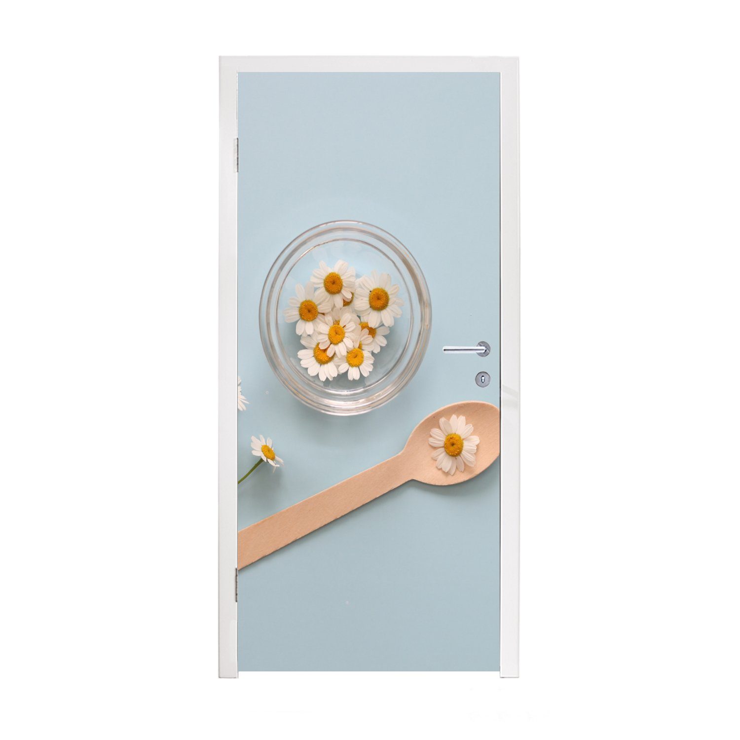 75x205 Türtapete Matt, Tür, Kamillenblüten Hintergrund, hellblauen Fototapete bedruckt, cm einem MuchoWow vor Türaufkleber, (1 St), für