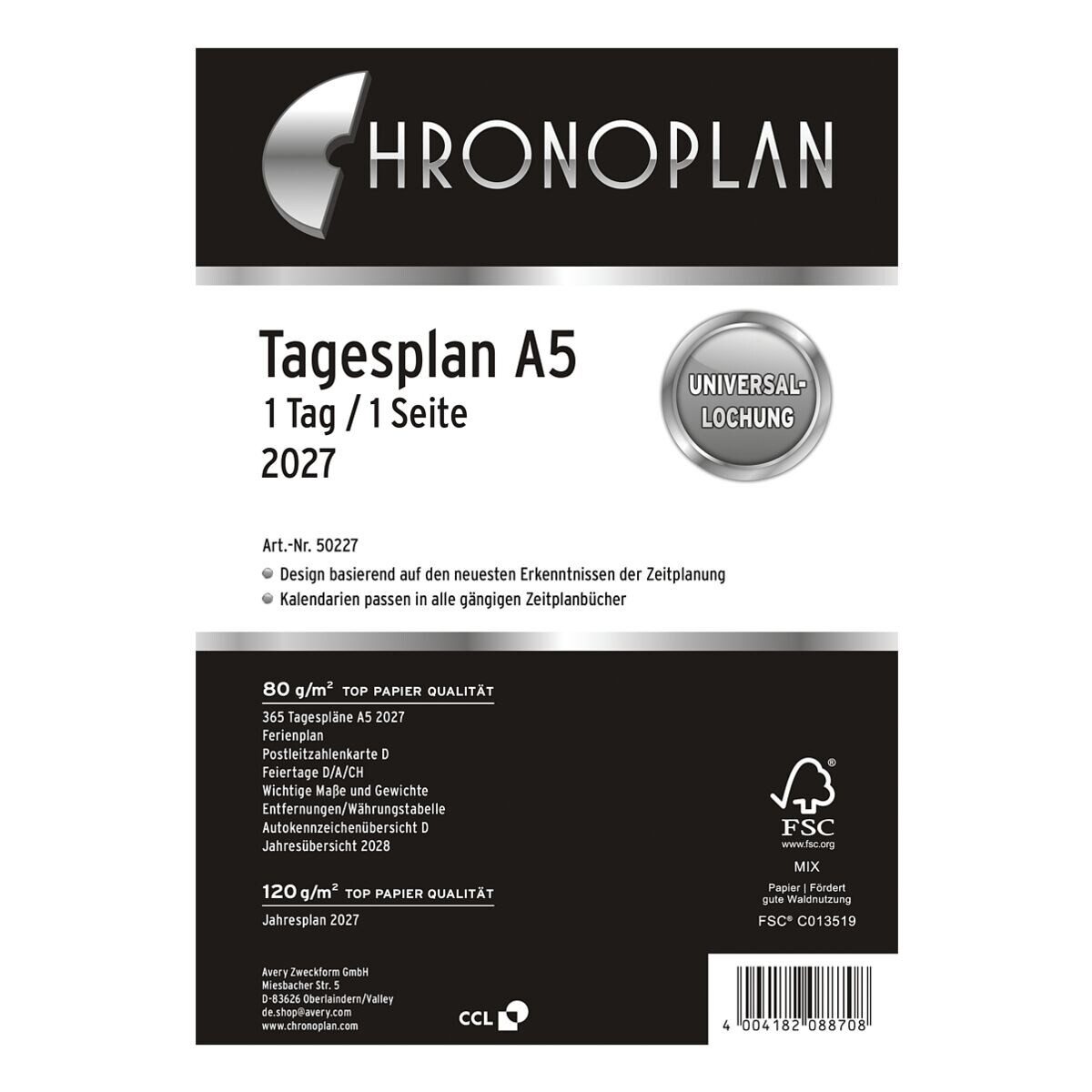 Avery Zweckform Terminplaner Chronoplan Tagesplan 2027, Kalendereinlage, 1 Tag = 1 Seite