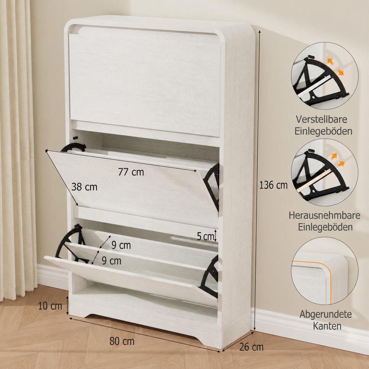 GarveeMore Schuhschrank 136 cm Hoch Modernes Design Schmaler Mehrzweckschrank mit Klapptüren (1-St., 1 x Schuhschrank) Schlanker Schuhschrank für 18-24 Paar, Verstellbare Einlegeböden