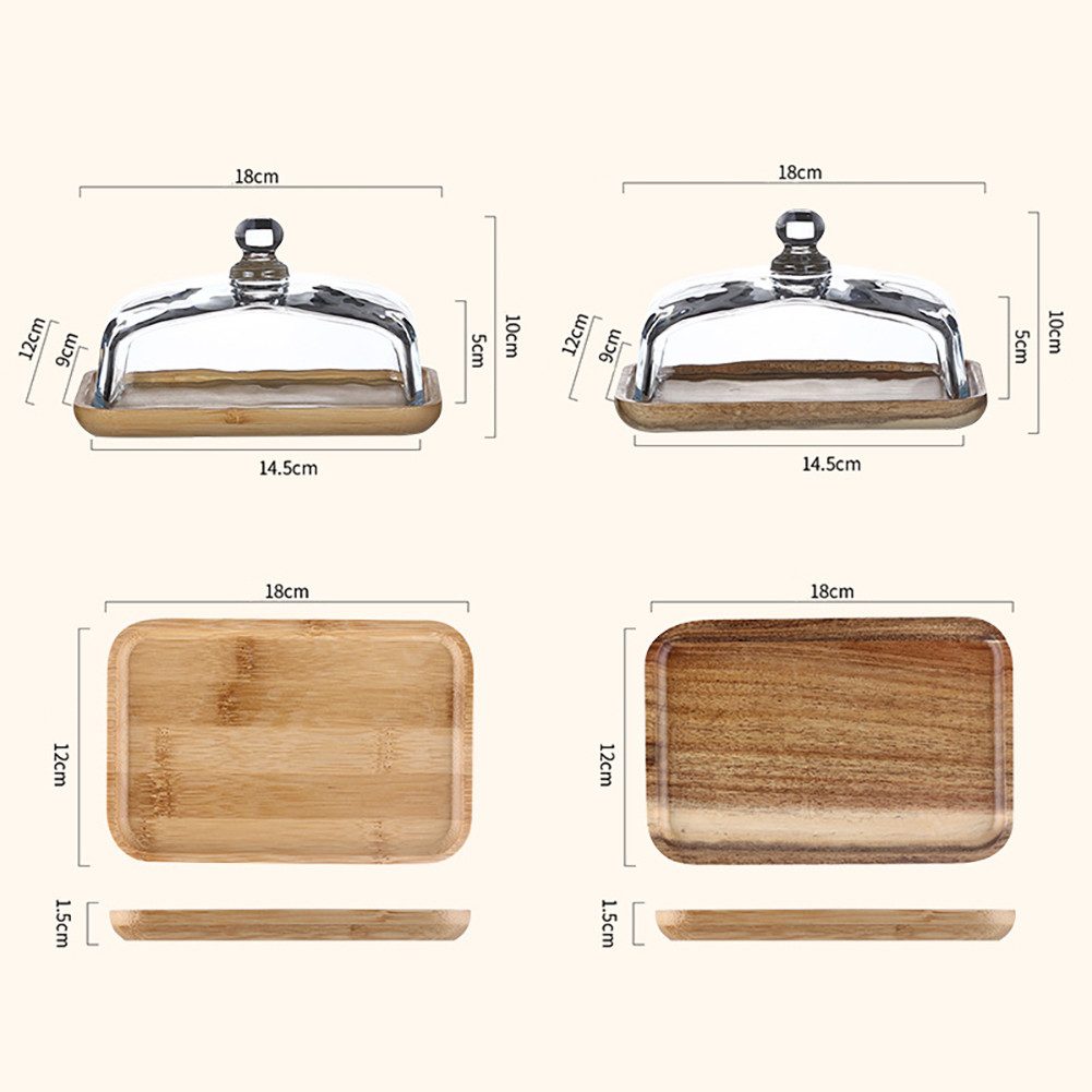 GarveeMore Hochstuhltablett Hölzerne Butterdose mit Klarglasdeckel, rechteckiges Display-Tablett, Acacia wood color, Für Butter, Frischkäseblock, Servierschale, Vintage-Küchenaccessoire