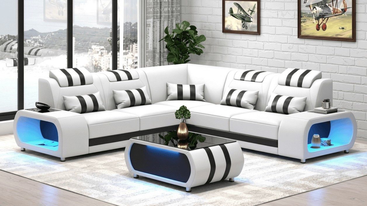 Xlmoebel Wohnlandschaft Weißes L-förmiges Ecksofa mit LED-Beleuchtung und Stauraum, 1 Teile, Made in Europa