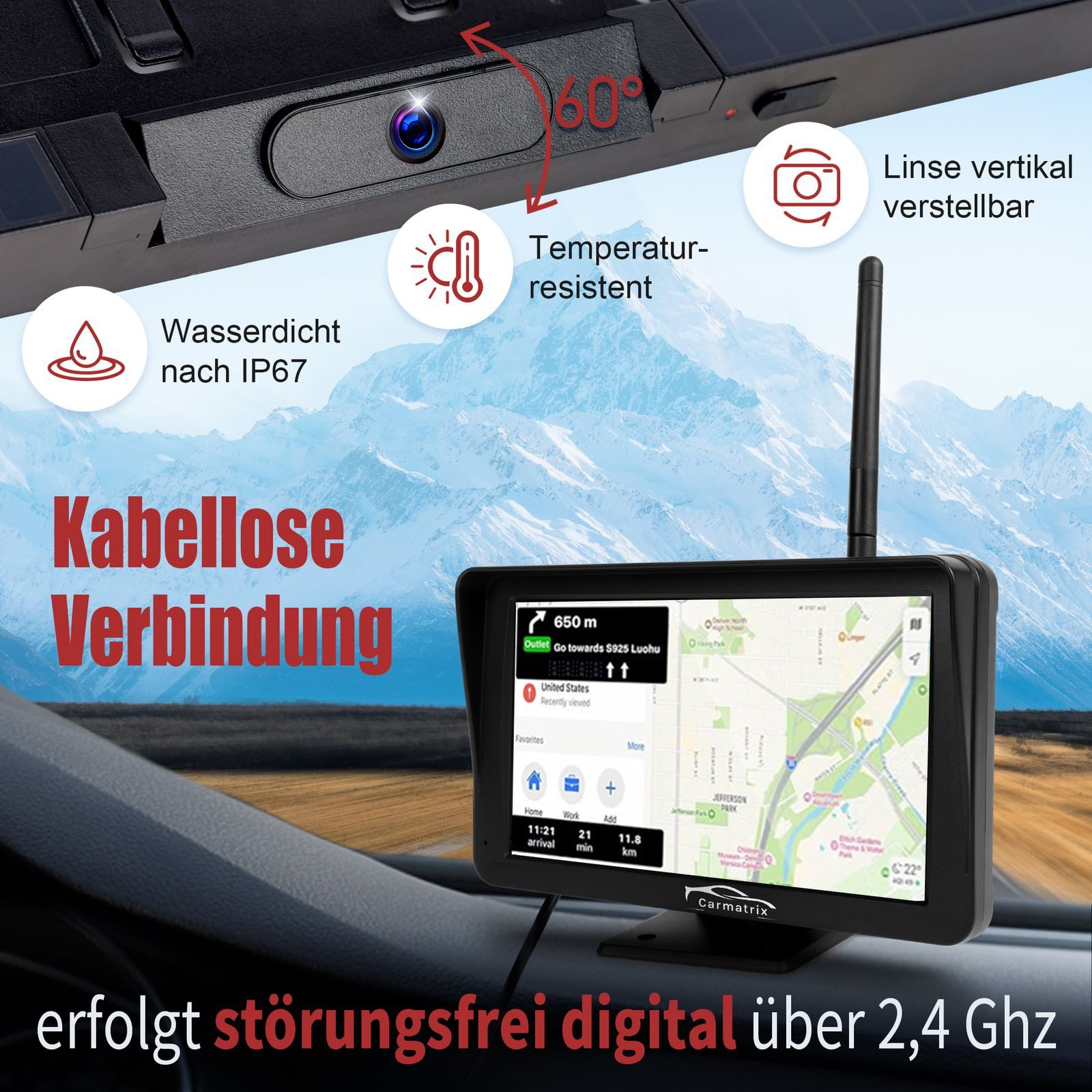 CARMATRIX SC43U HD Solar Rückfahrsystem CarPlay, Android mit PDC Einparkhilfe Rückfahrkamera (HD Solar Funk Rückfahrsystem Nummernschild mit CarPlay Android Aut – Bild 2 von 5