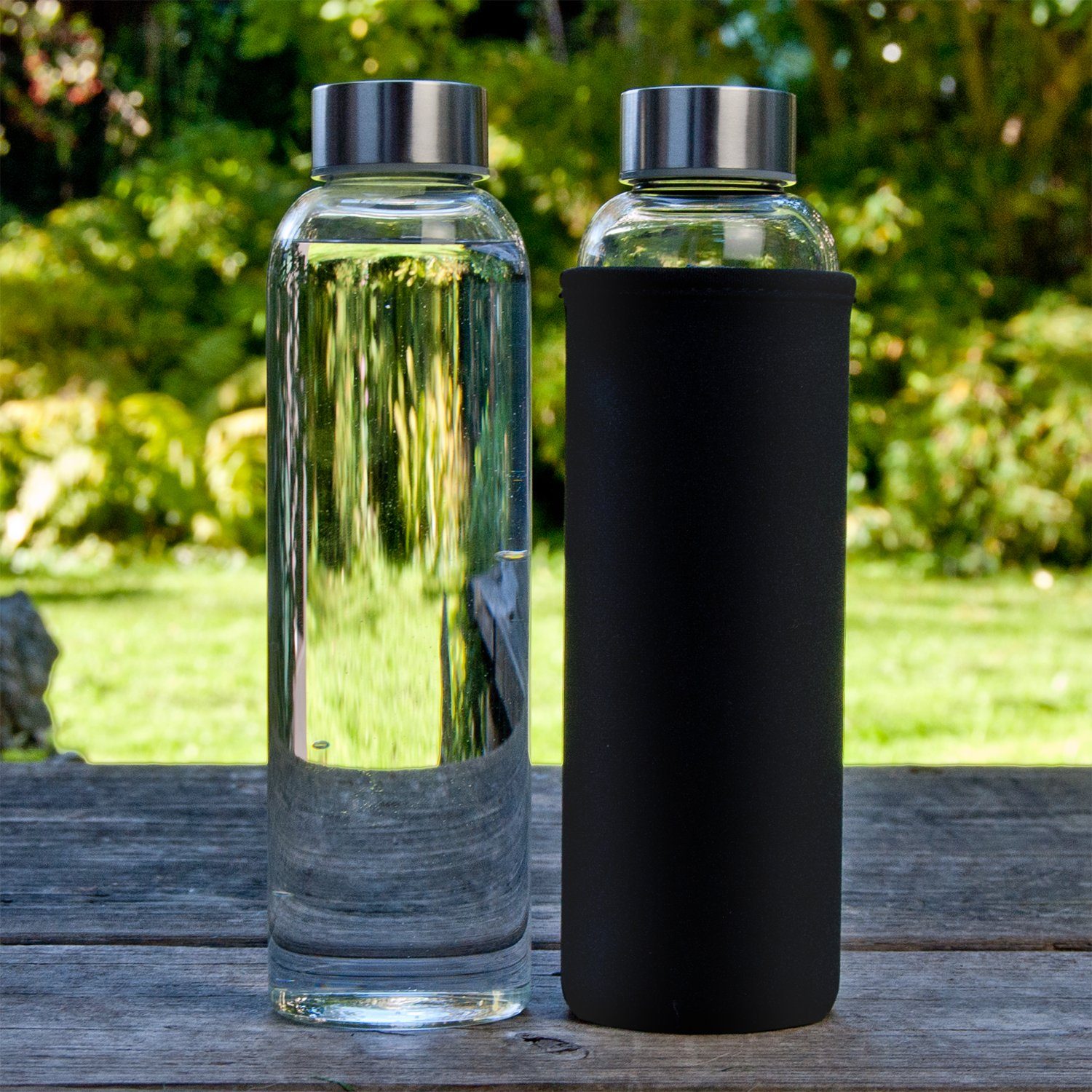 oder Borosilikatglas Glas T&N NEW Büro AND Hause, aus auslaufsicher, unterwegs Classique Wasserflasche Glastrinkflasche Trinkflasche Neoprenhülle, für Schlankes Schwarz mit Kohlensäure TRENDY 550ml, dickerem Glasflasche zu Trinkflasche Design geeignet für