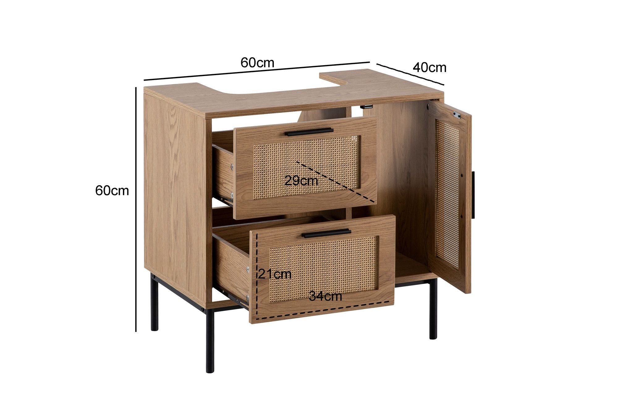 FINEBUY Waschbeckenunterschrank FB103421 Badschrank 60x60x40 cm Unterschrank Eiche (mit Tür und Schubladen Eiche-Optik 60x60x40 cm) Unterschrank Waschbecken, Waschtisch Midischrank