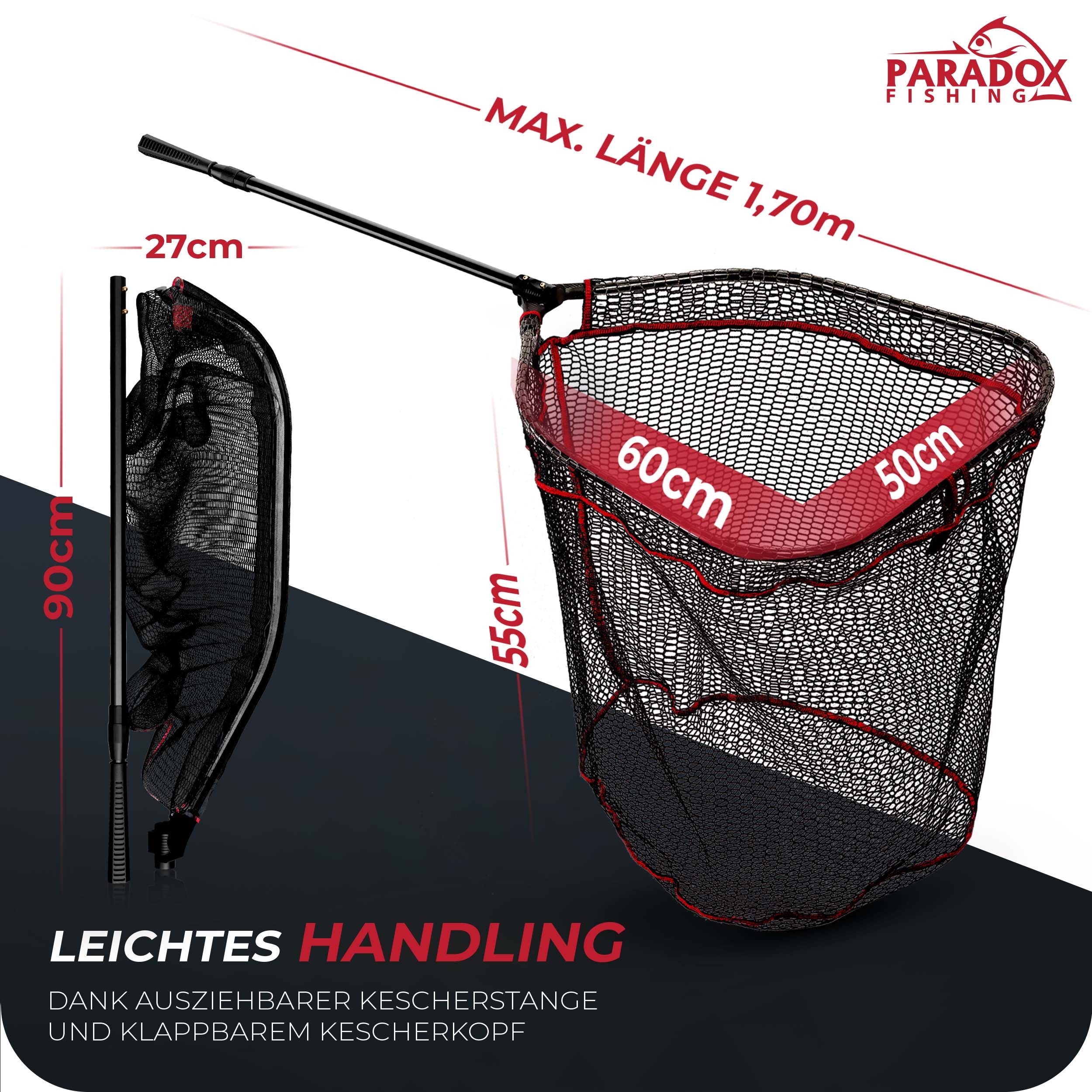 Paradox Fishing Angelkescher gummierter Raubfischkescher 1,7m, 120-170cm Länge; Kescherkopf: 60*50*55cm, gummiertes Netz
